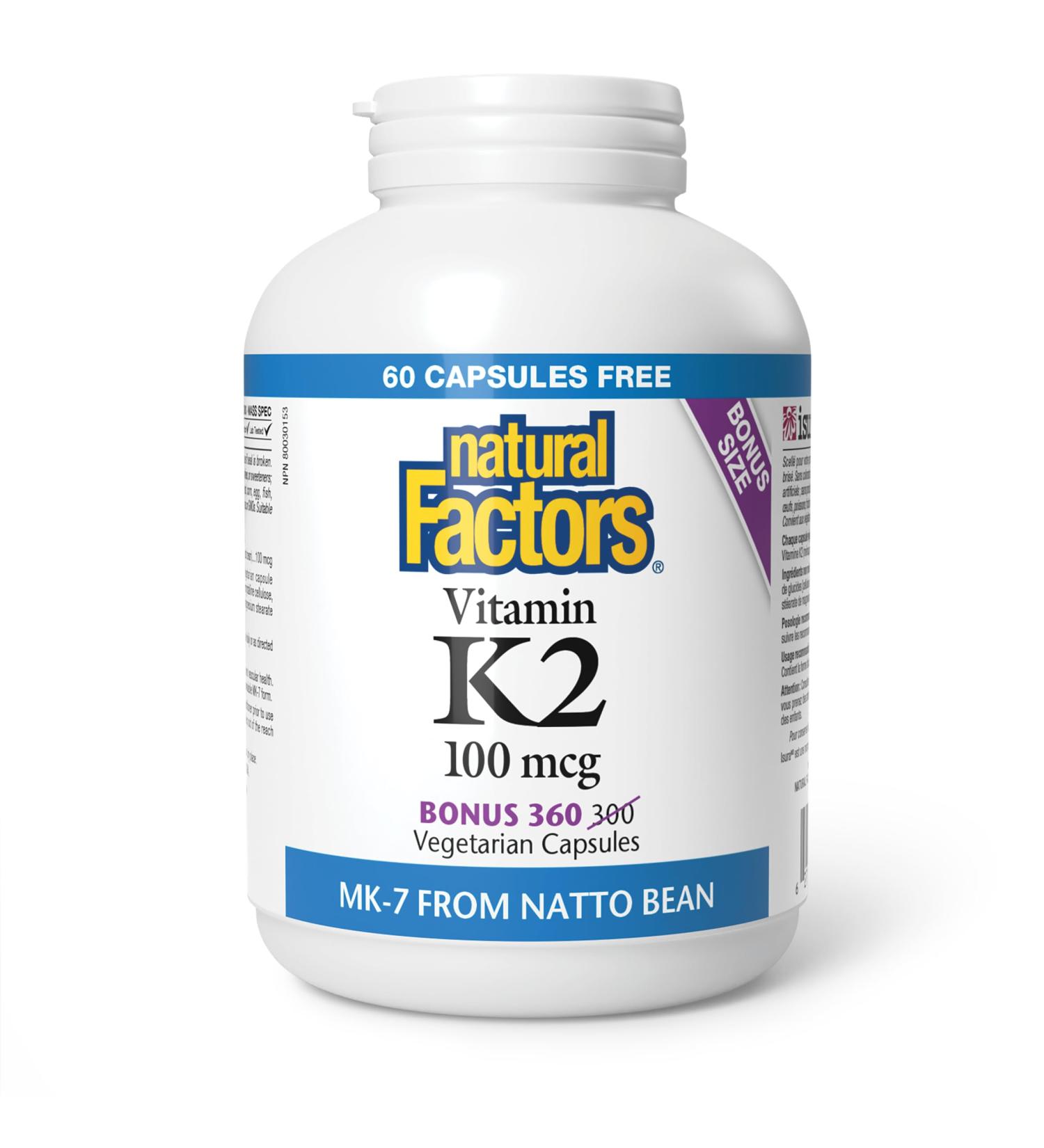 Natural Factors Vitamin K2 100 mcg BONUS SIZE 360 Vegetarian Capsules MK-7 from Natto Bean Helps Support Bones Vegan 60 Free Capsules - Buy Online on GoSupps.com