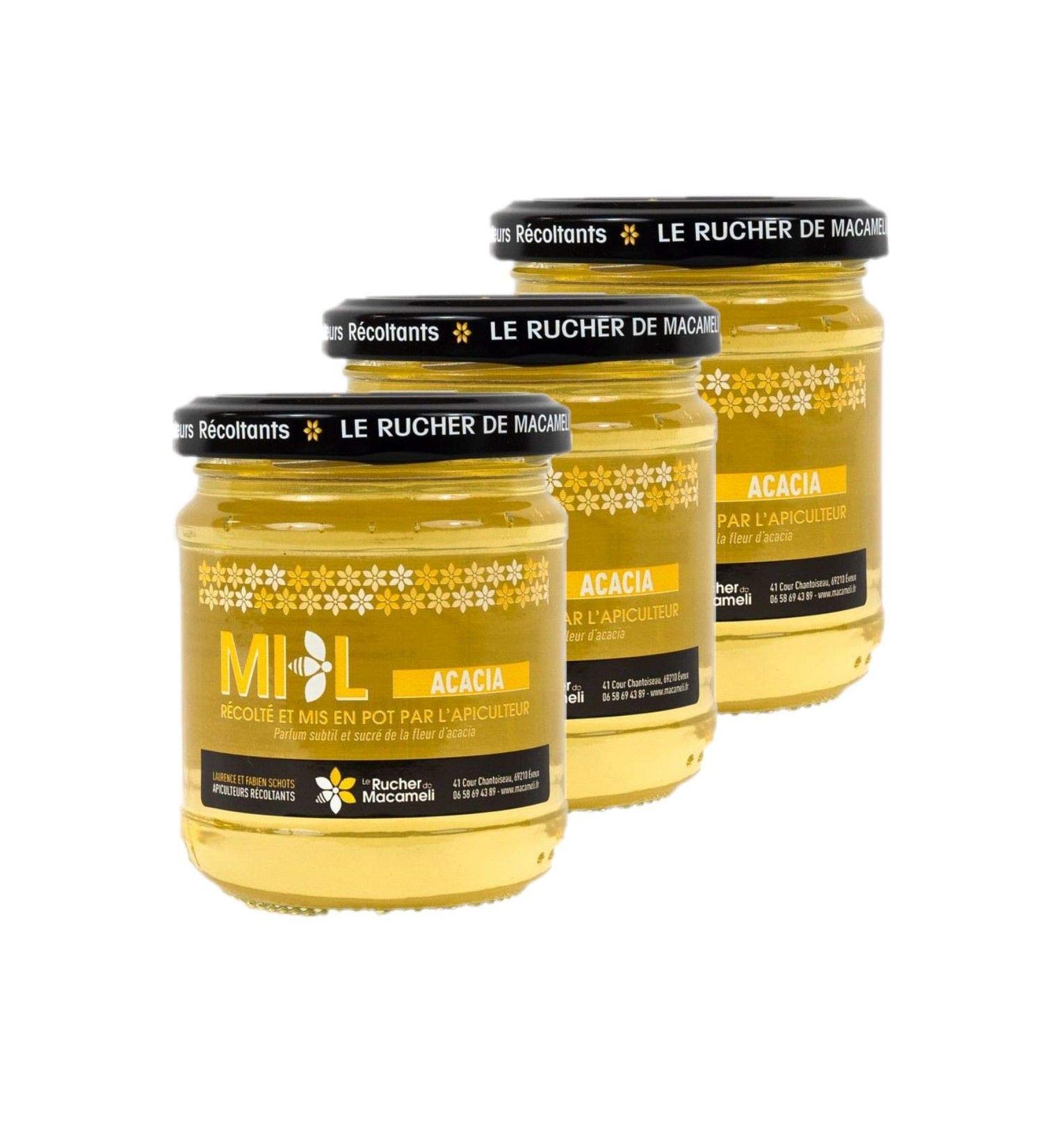 Set of 3 Acacia Honey – Mountains of Lyon – Rhône Alps – Macameli Hill – Pot 250 g