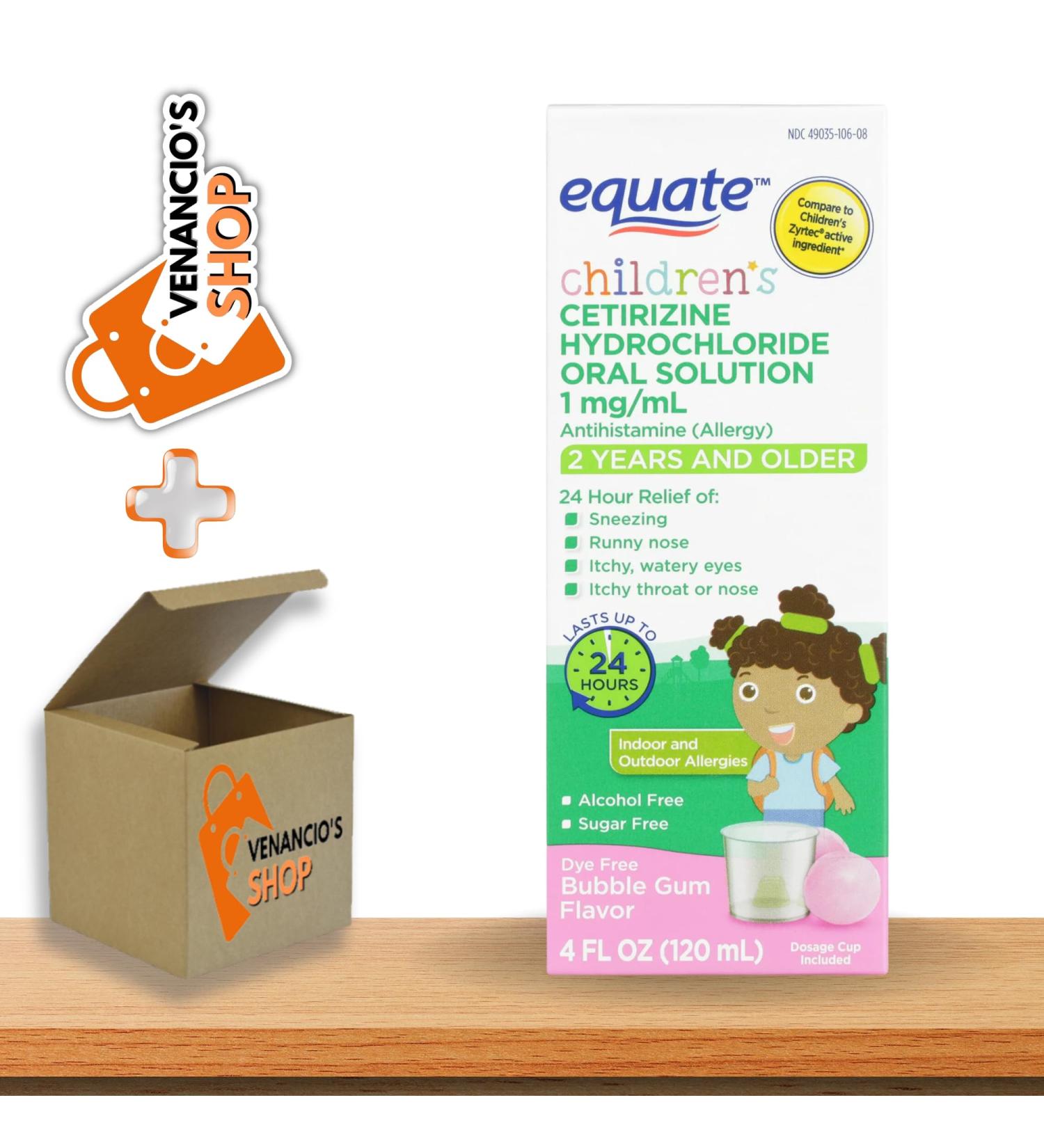 Equate Children's Allergy Relief Cetirizine Hydrochloride Oral Solution 4 fl oz + Venancio Fridge Sticker - Bubble Gum Flavor - Buy Online on GoSupps.com