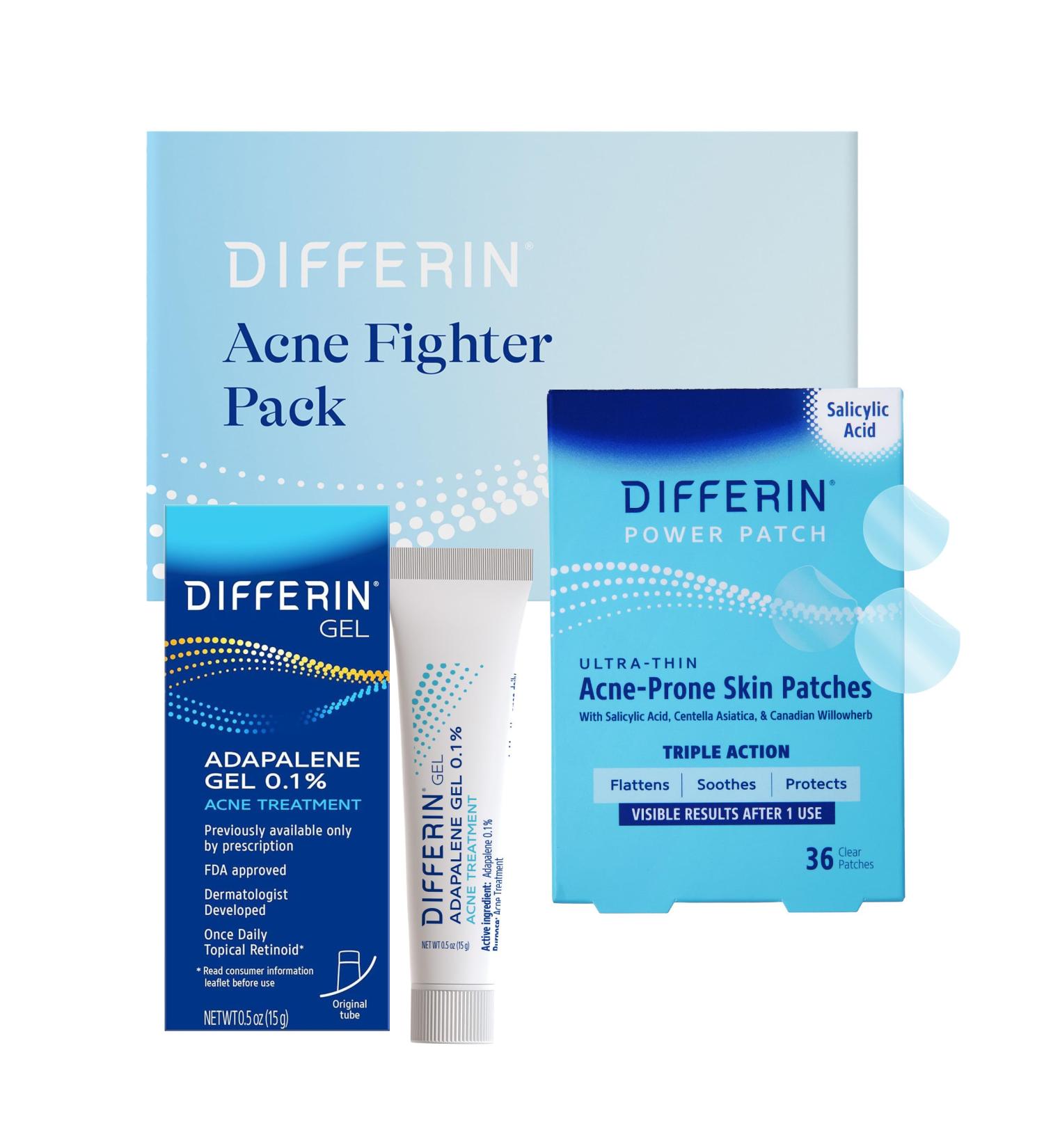 Differin Acne Fighter Pack Differin Gel Retinoid Acne Treatment For Face with 0.1% Adapalene 15g Tube + Salicylic Acid Pimple Patches 36 Count Designed for Pimple and Acne-Prone Skin - Buy Online on GoSupps.com