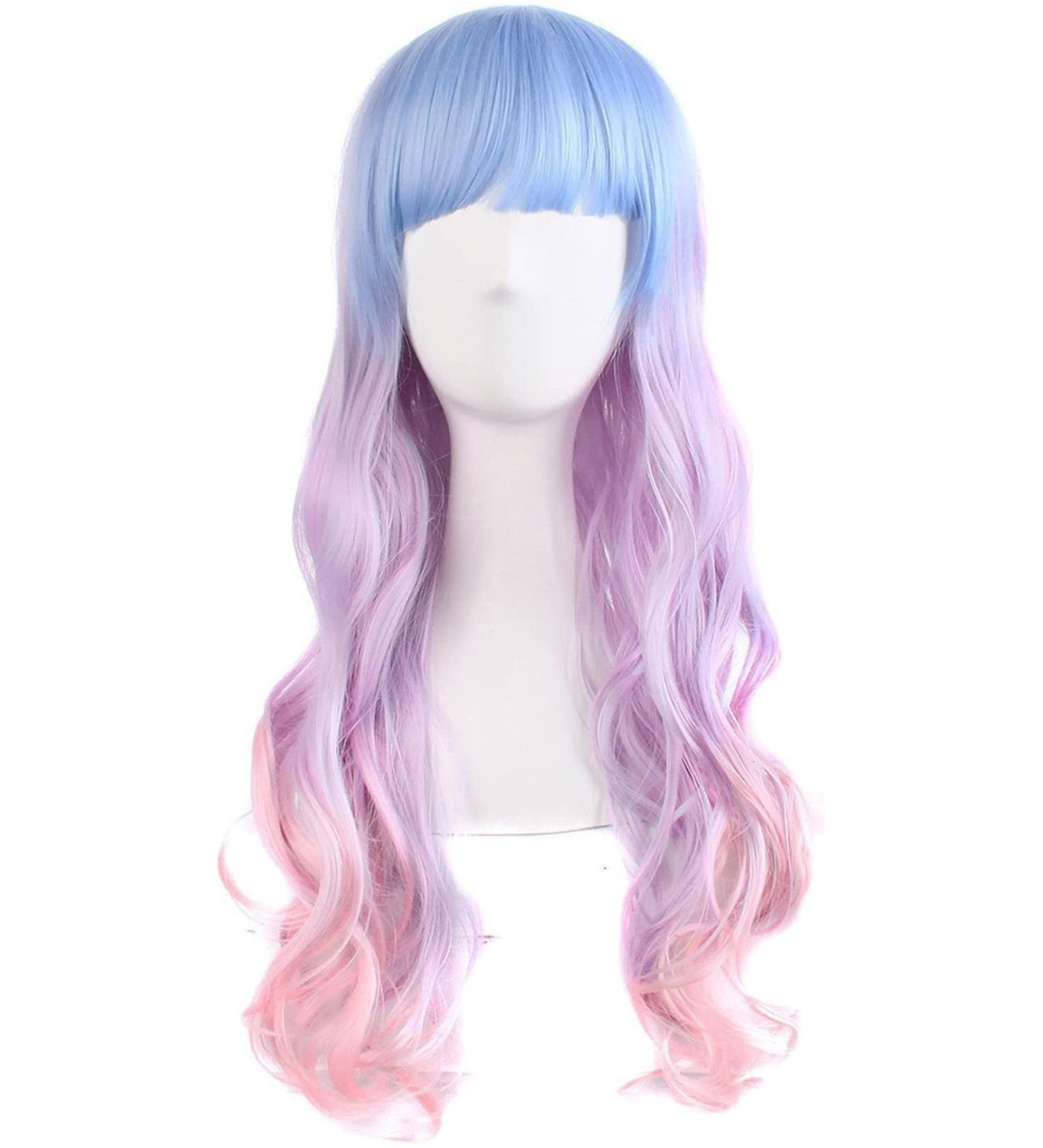 Sawekin Women's Long Wavy Wig 28 Multi-Color Lolita Cosplay Wig for Anime Costume - D-Light Blue/Light Purple/Pink - Buy Online on GoSupps.com