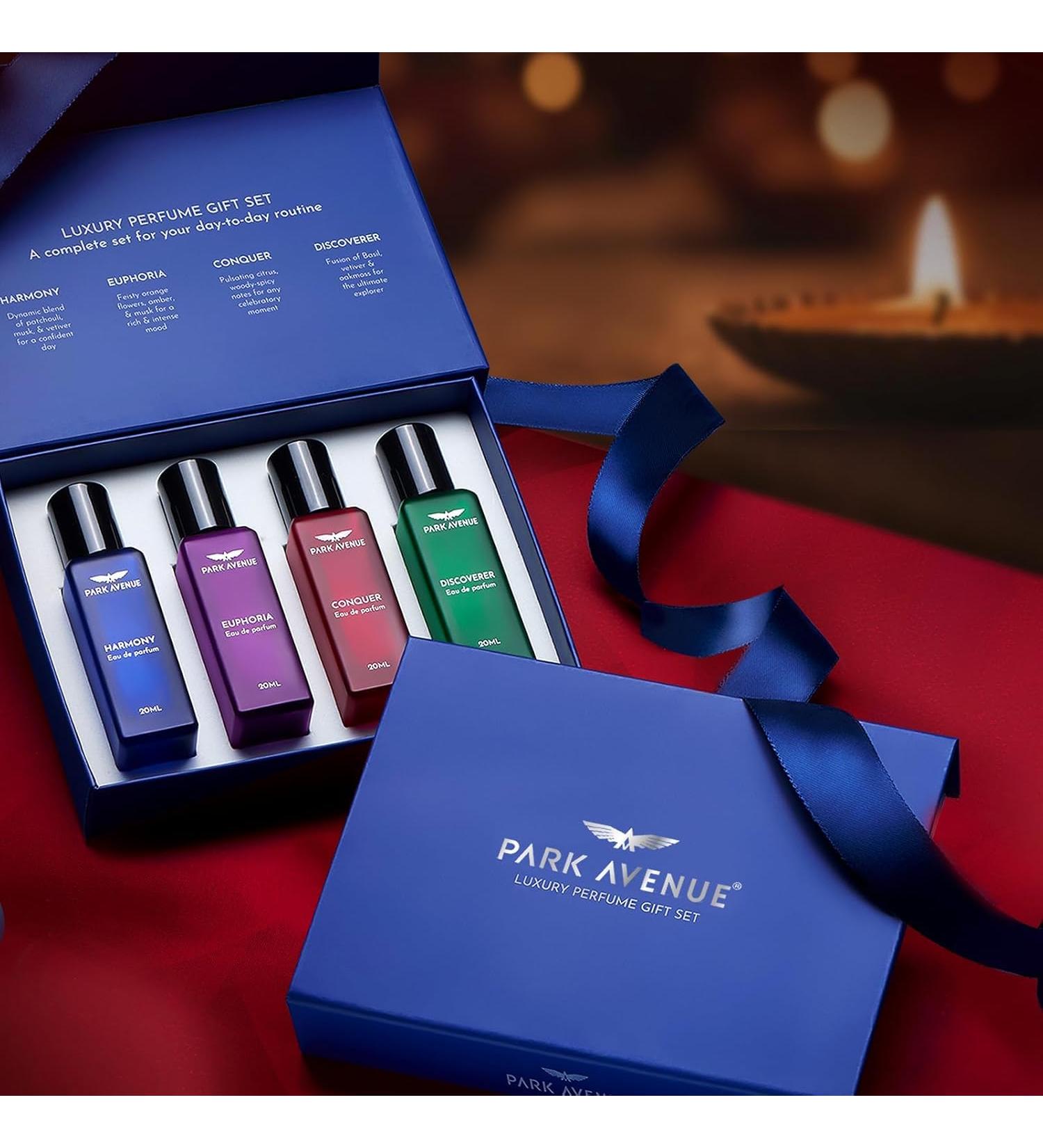 Par.k Ave'nue Luxury Perfume Gift Set for Men 4x20 ml | Euphoria Conquer Harmony & Discoverer Perfume | Eau De Parfum | Premium Luxury Perfume for Corporate Man | Long lasting | Diwali Gift Hampers - Buy Online on GoSupps.com