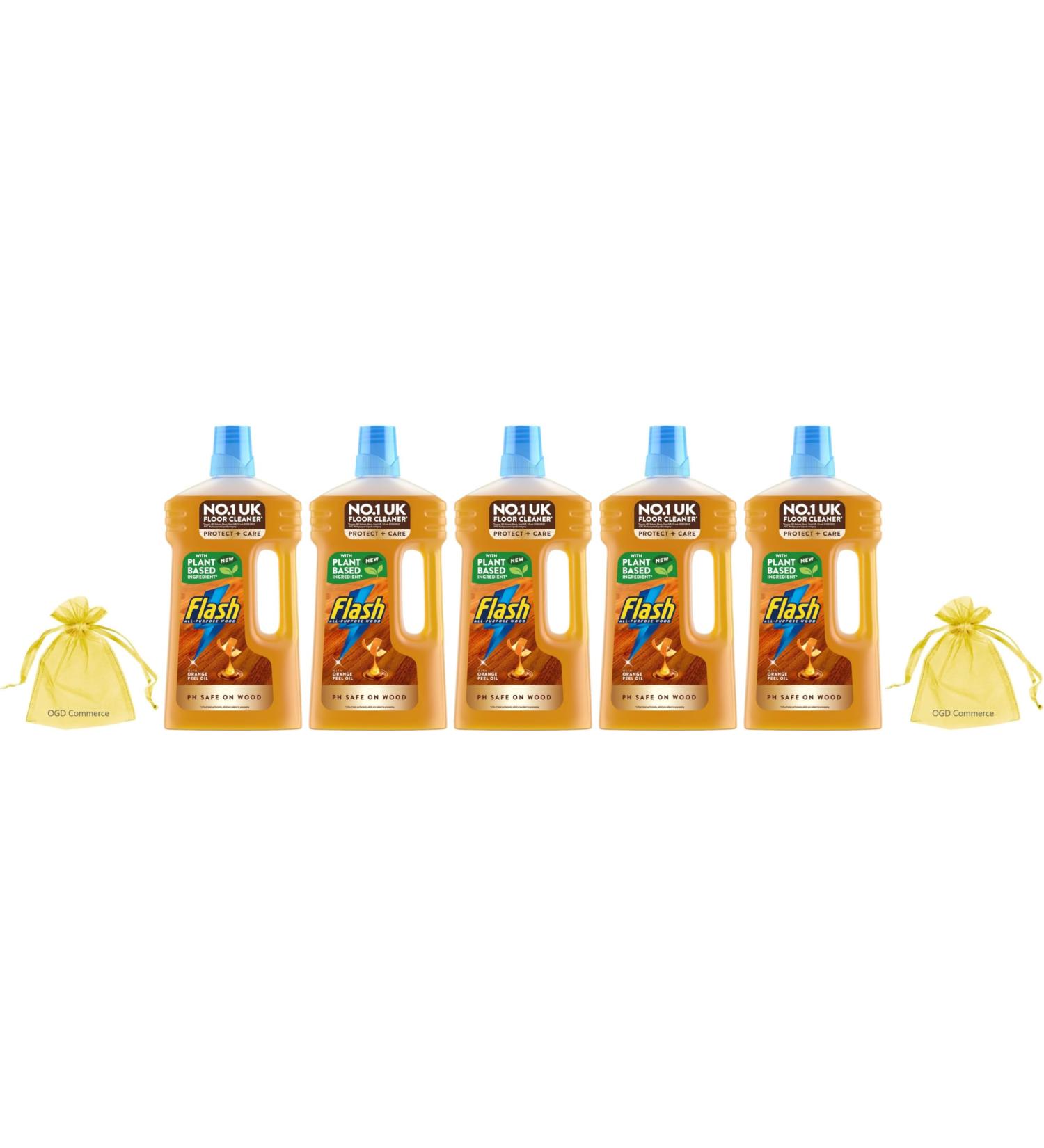 Flash All Purpose Wood Floor Cleaner with Almond Oil Mandarin & Cedarwood Scent 5 Bottles Pack + Our Gift for You: Organza Small Bag - Buy Online on GoSupps.com