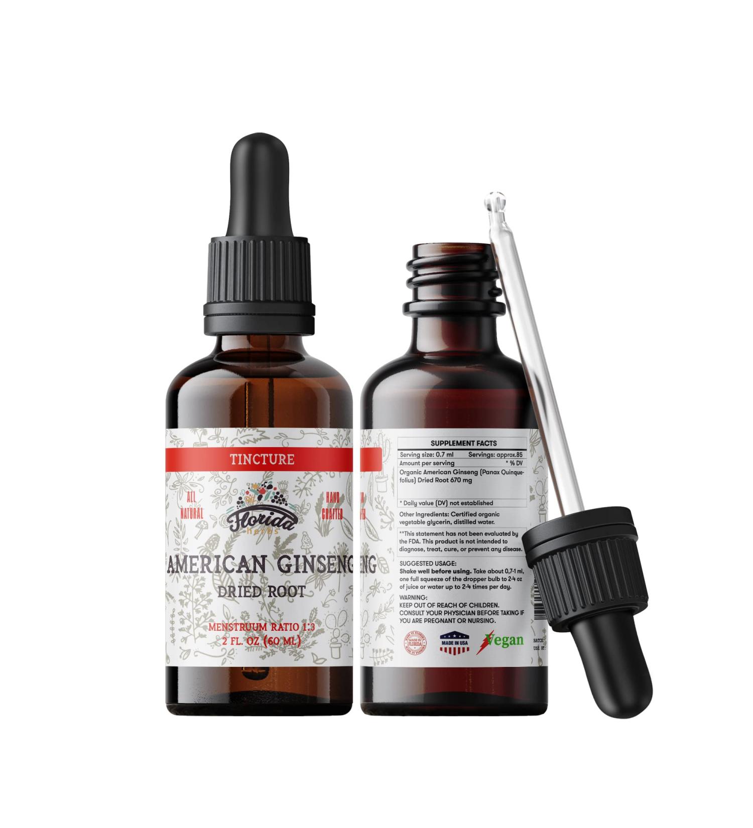 Organic American Ginseng Tincture Extract - 700mg 2oz - Non-GMO Supplement in Cold-Pressed Organic Glycerin - Buy Online on GoSupps.com