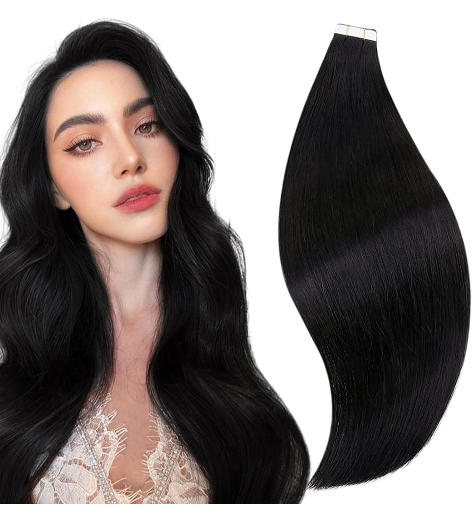 Runature Real Hair Tape Extensions - Natural Black 55cm 20 Pieces 50g - Premium Human Hair Extensions - Buy Online on GoSupps.com