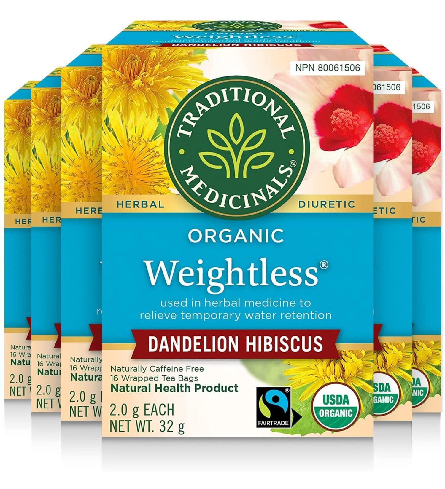 Traditional Medicinals - Organic Weightless Dandelion Hibiscus Herbal Tea (Pack of 6) - Relieves Temporary Water Retention - Fair Trade Ingredients - 96 Tea Bags Total 16 Count (Pack of 6) Weightless Dandelion Hibiscus Herbal Tea - Buy Online on GoSupps.com