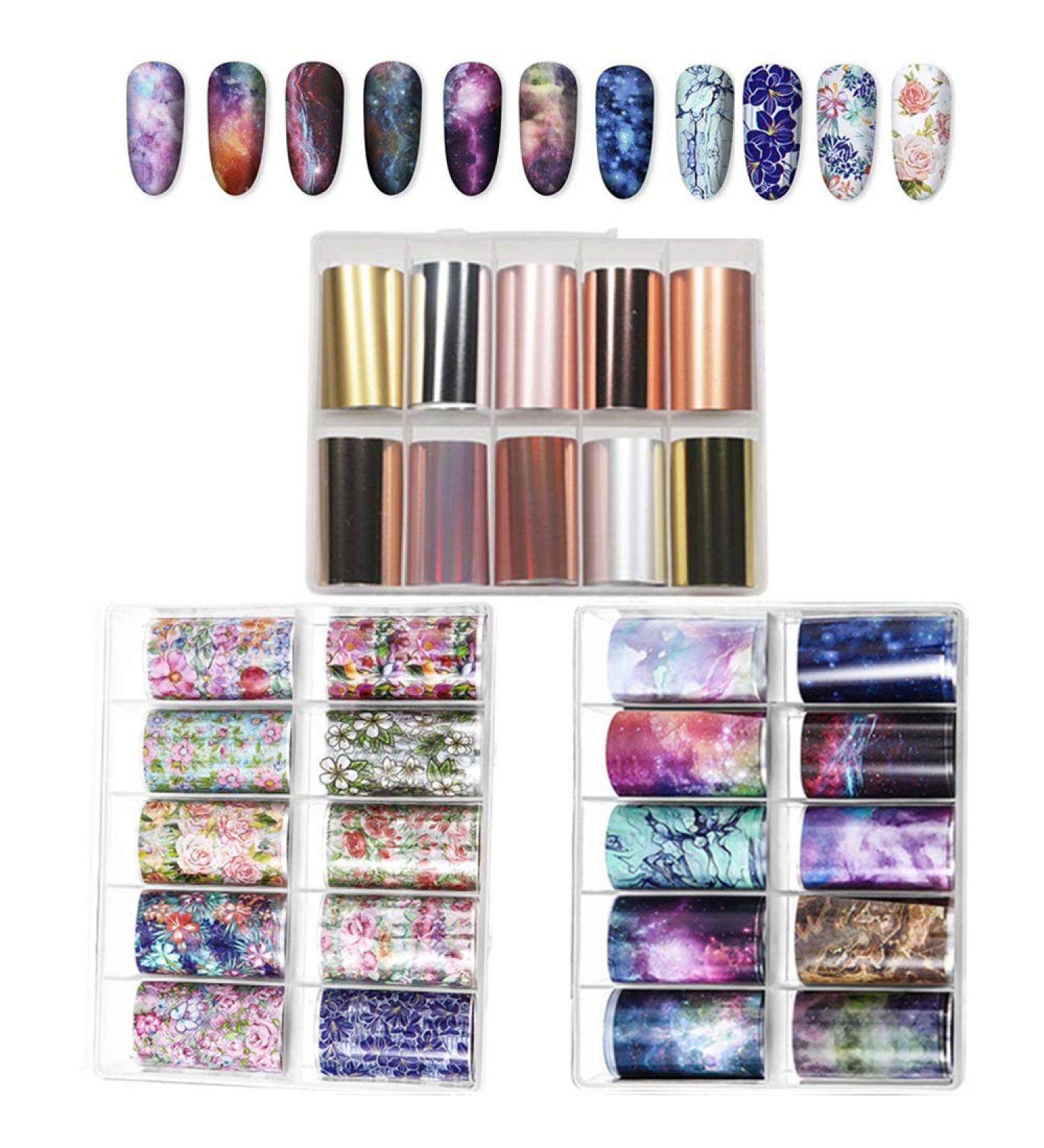 30 Colors Nail Foil Transfer Sticker Kalolary Big Size Holographic Flower Starry Sky Metallic Nail Art Stickers Tips Wraps Foil Transfer Adhesive Glitters DIY Nail Decoration(10 rolls each box.) - Buy Online on GoSupps.com