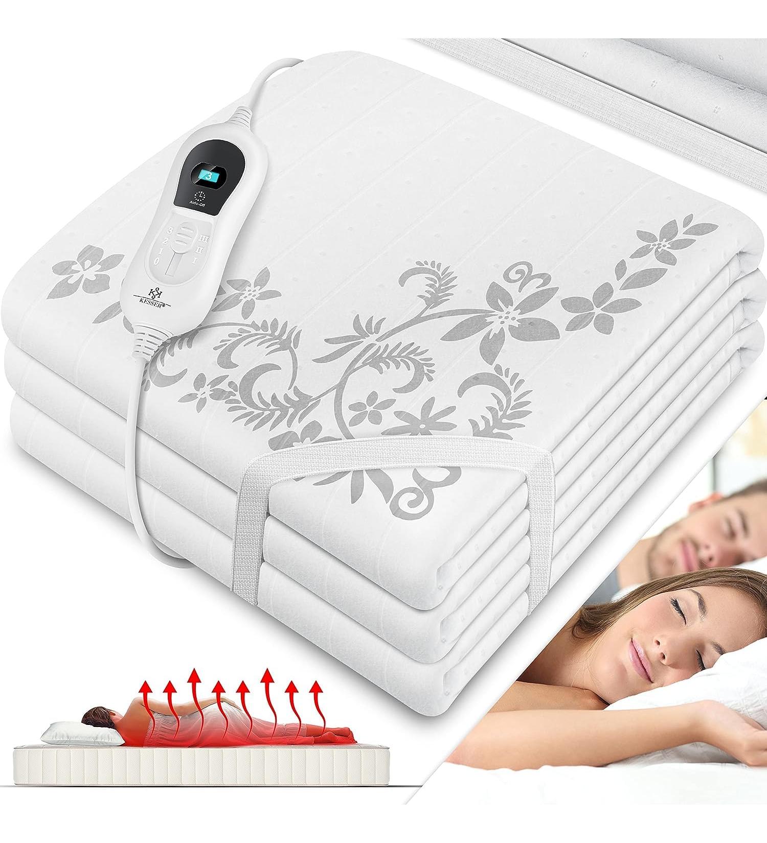 Kesser 150x80cm Heat Under Bed Blanket with Remote Control | Soft Fleece Heating Pad | 3 Temperature Levels | Auto Switch-Off | Ideal for Mattress Heating - White Pattern - Buy Online on GoSupps.com