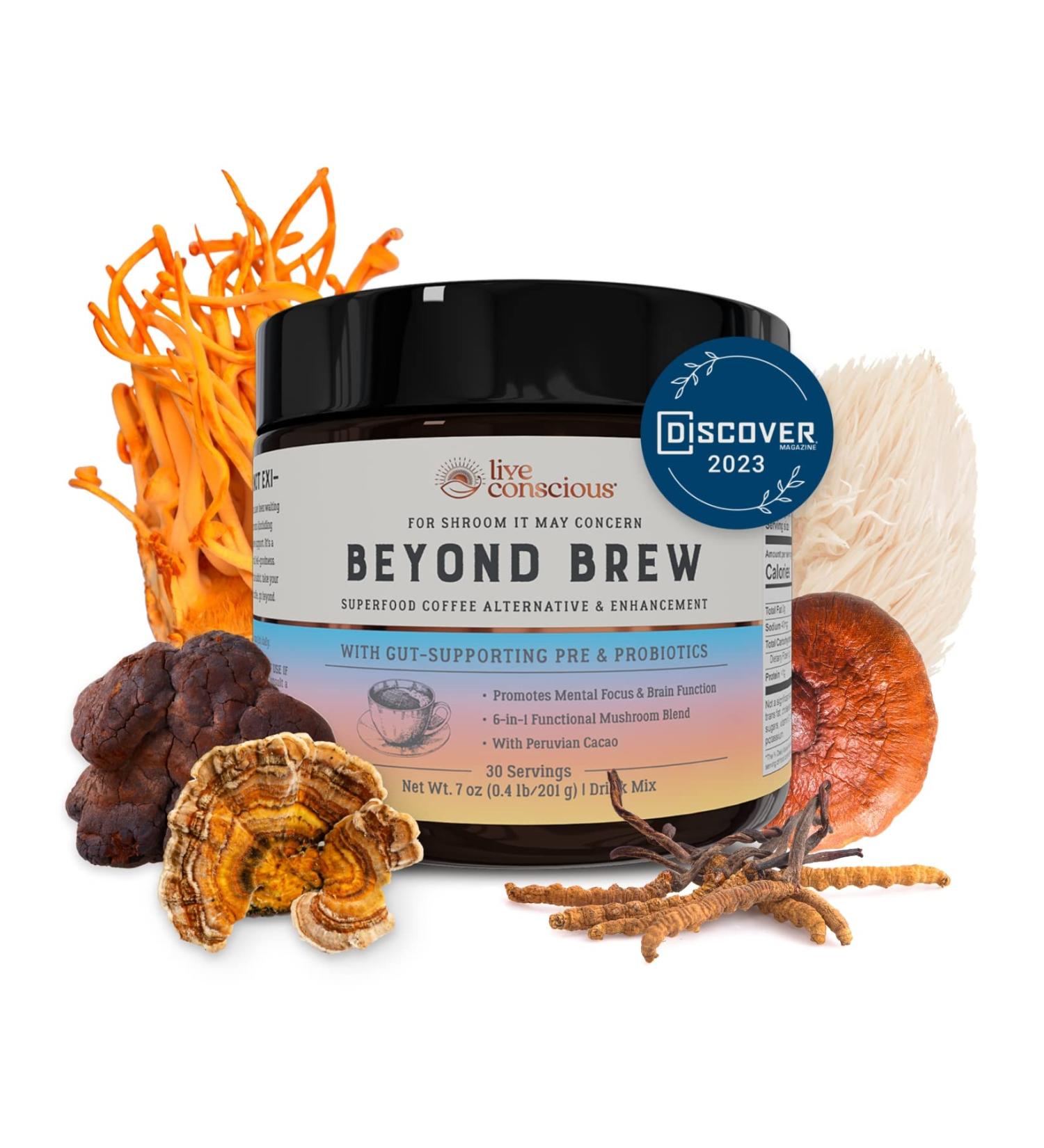 Beyond Brew Mushroom Superfood Coffee | Low Caffeine Healthy Coffee Substitute | With Prebiotics & Probiotics | 30 Servings 7 oz - Live Conscious - Buy Online on GoSupps.com
