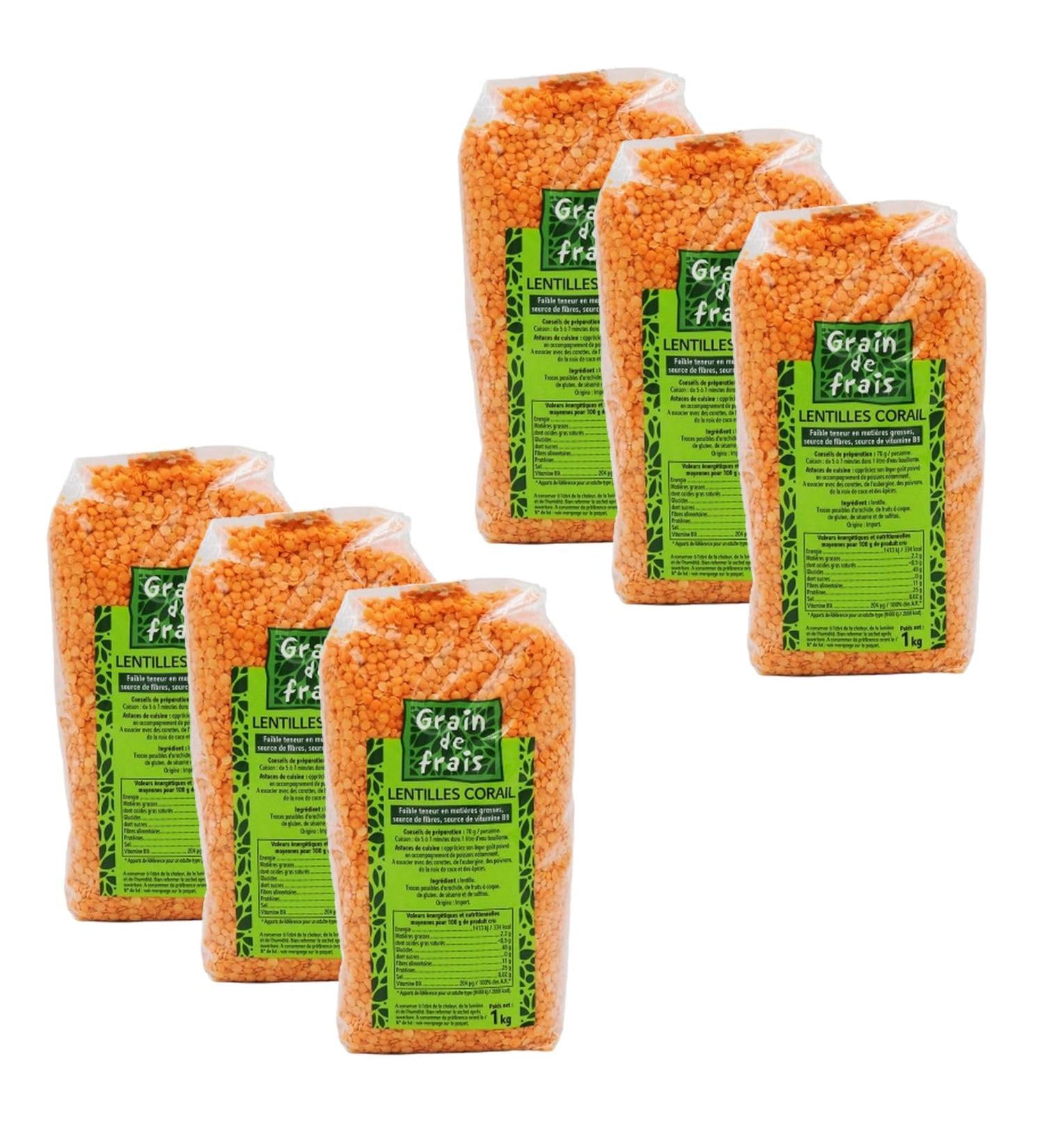 Grain de Frais Lot of 6 Red Lentils - Fresh Grain - 1kg pack