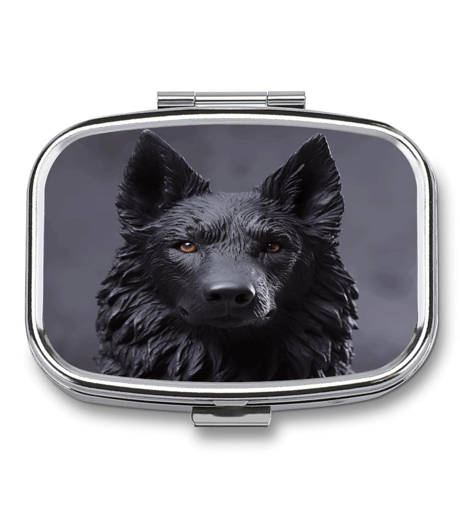 Black German Shepherd Pill Box | 2 Compartment Portable Medicine Organizer - Decorative Metal Case for Pocket or Purse - Buy Online on GoSupps.com