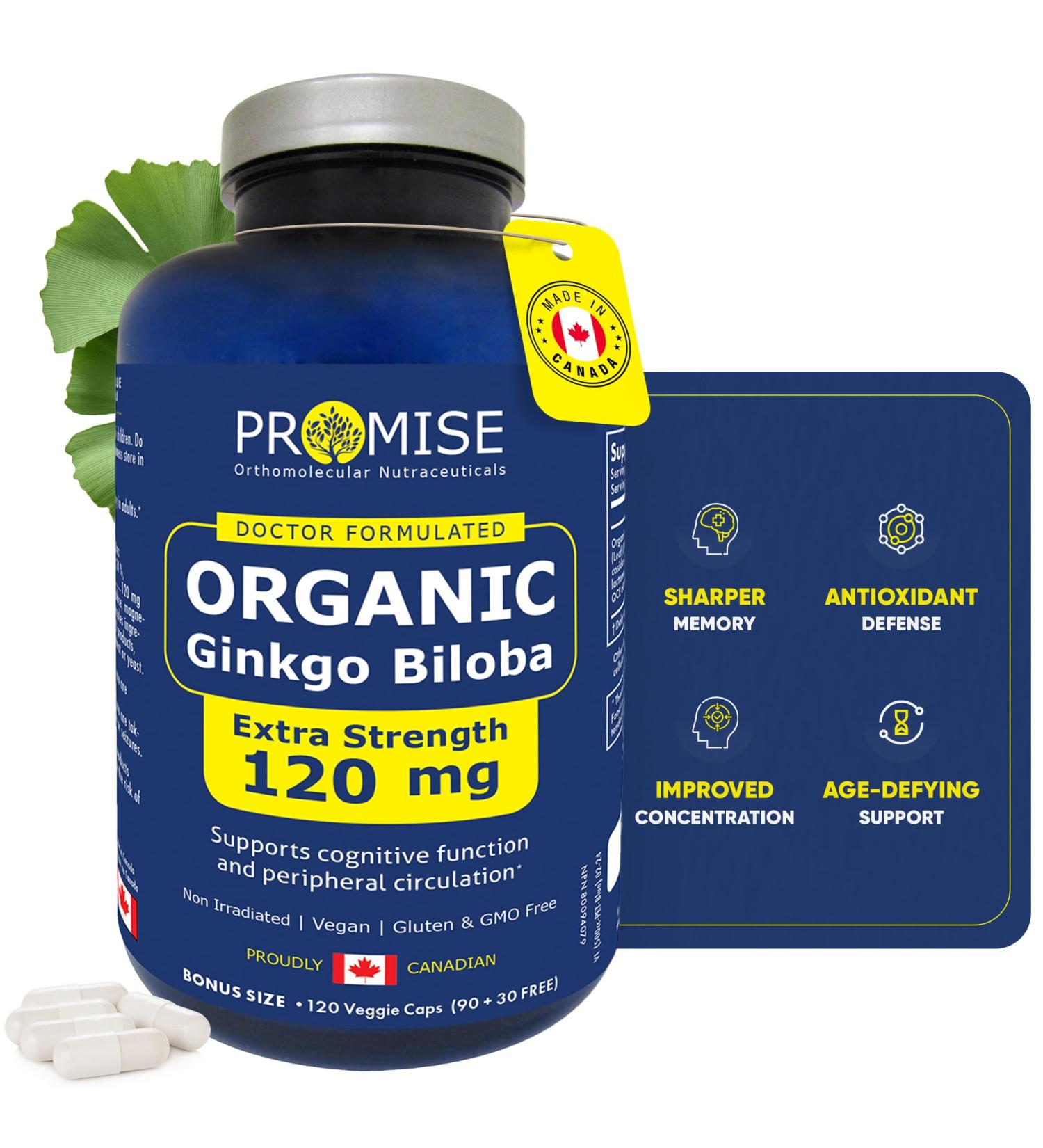 Promise Organic Ginkgo Biloba 120 Capsules Extra Strength. 120 mg Per Capsule. Maximum Strength Brain Health Wellness & Cardiovascular Support- Enhance Mental Clairty & Focus - Buy Online on GoSupps.com