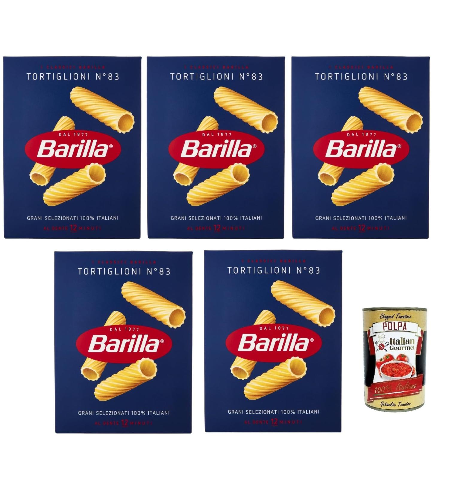  Italian Gourmet E.R. Barilla Tortiglioni No. 83 Pack of 5 100% Italian pasta made with durum wheat semolina 500g + Italian Gourmet Polpa di Pomodoro 400g can - Buy Online on GoSupps.com