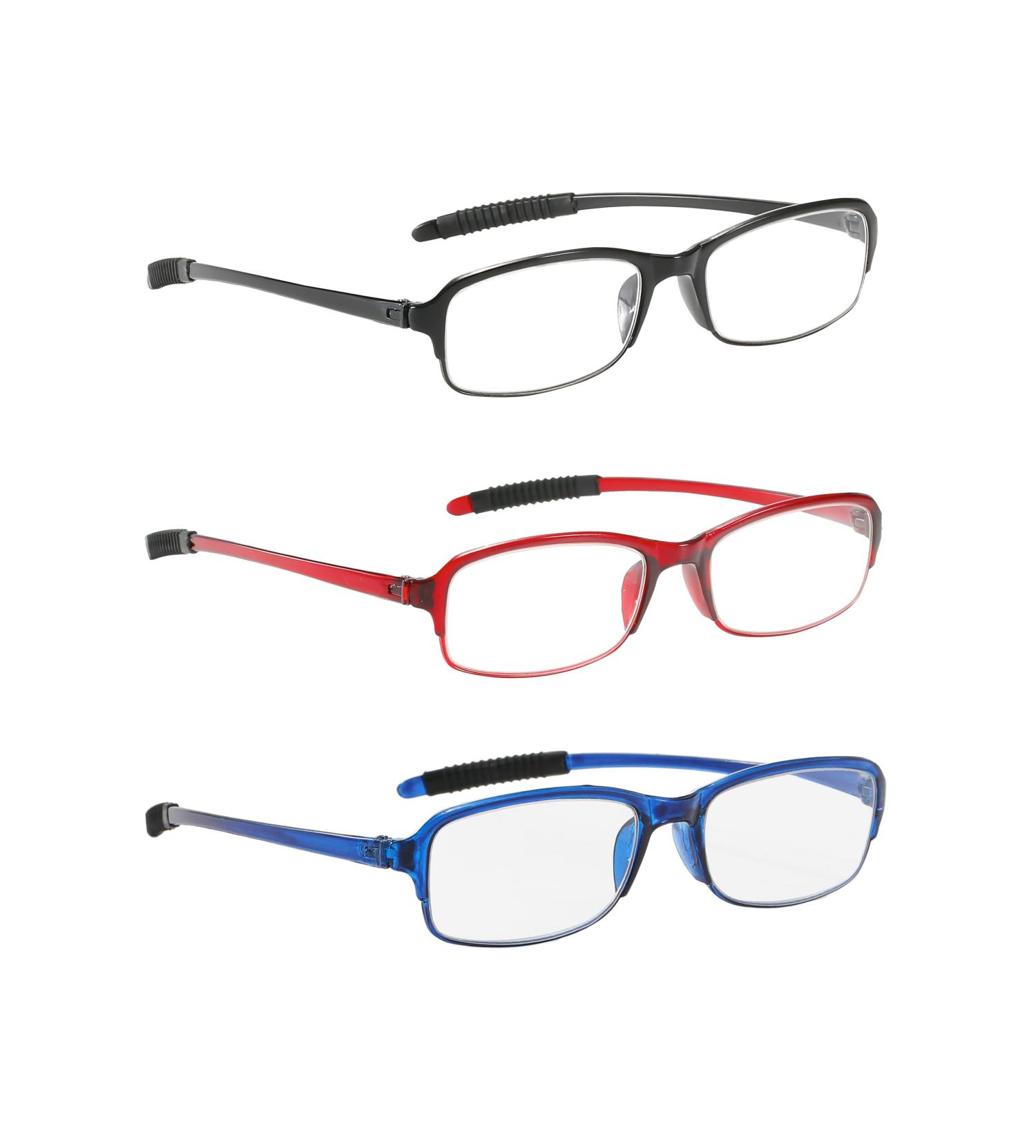 NRDIK Profex Lightweight Reading Glasses 3-Pack - Impact & Scratch-Resistant Flexible Non-Slip - Unisex +1.0 to +4.0 Diopters in Oval Mixed Colors (Black Blue Red) - Buy Online on GoSupps.com