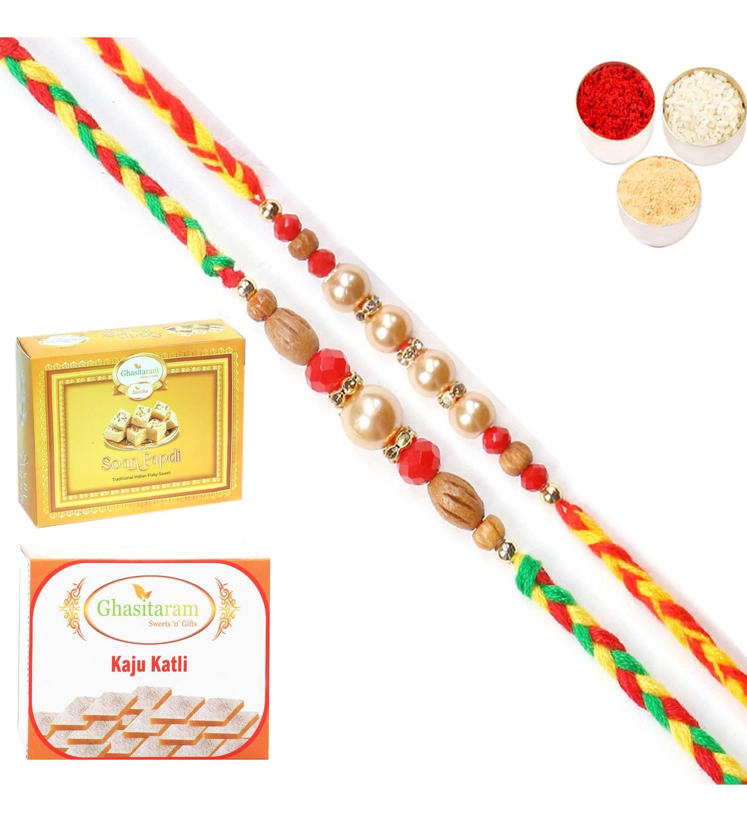 Ghasitaram Gifts Rakhi for Brother Rakhis Online - Set of 2 6431 6432 Pearl Rakhis with 200 GMS of Kaju katli and 200 GMS of Soan Papdi - Buy Online on GoSupps.com