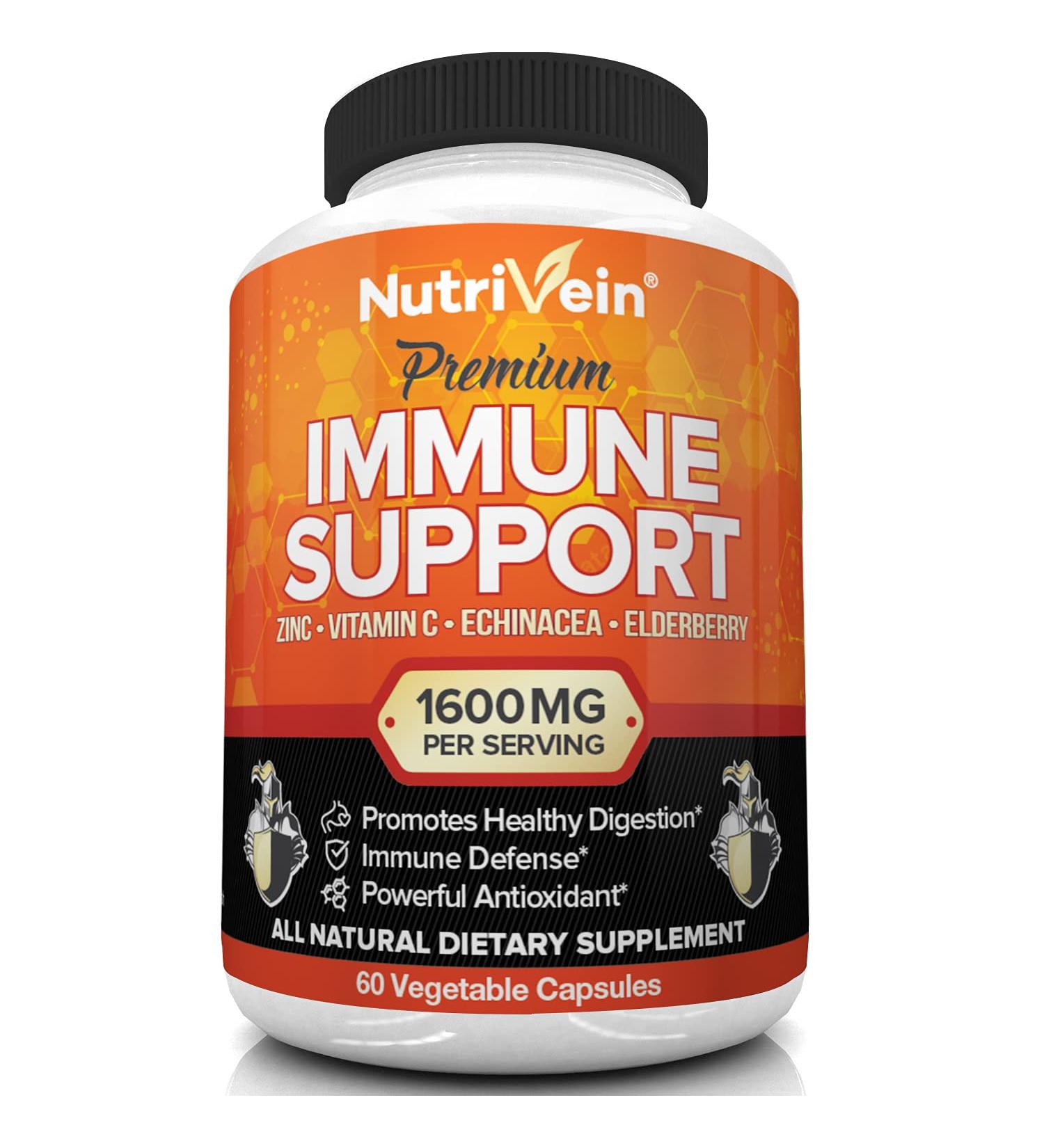 Nutrivein Immune Support Supplement - 1600MG Daily Dose with Elderberry, Zinc, Vitamin C, Garlic, Echinacea & Prebiotics - Promotes Healthy Lifestyle & Stress Relief - 60 Capsules - Buy Online on GoSupps.com