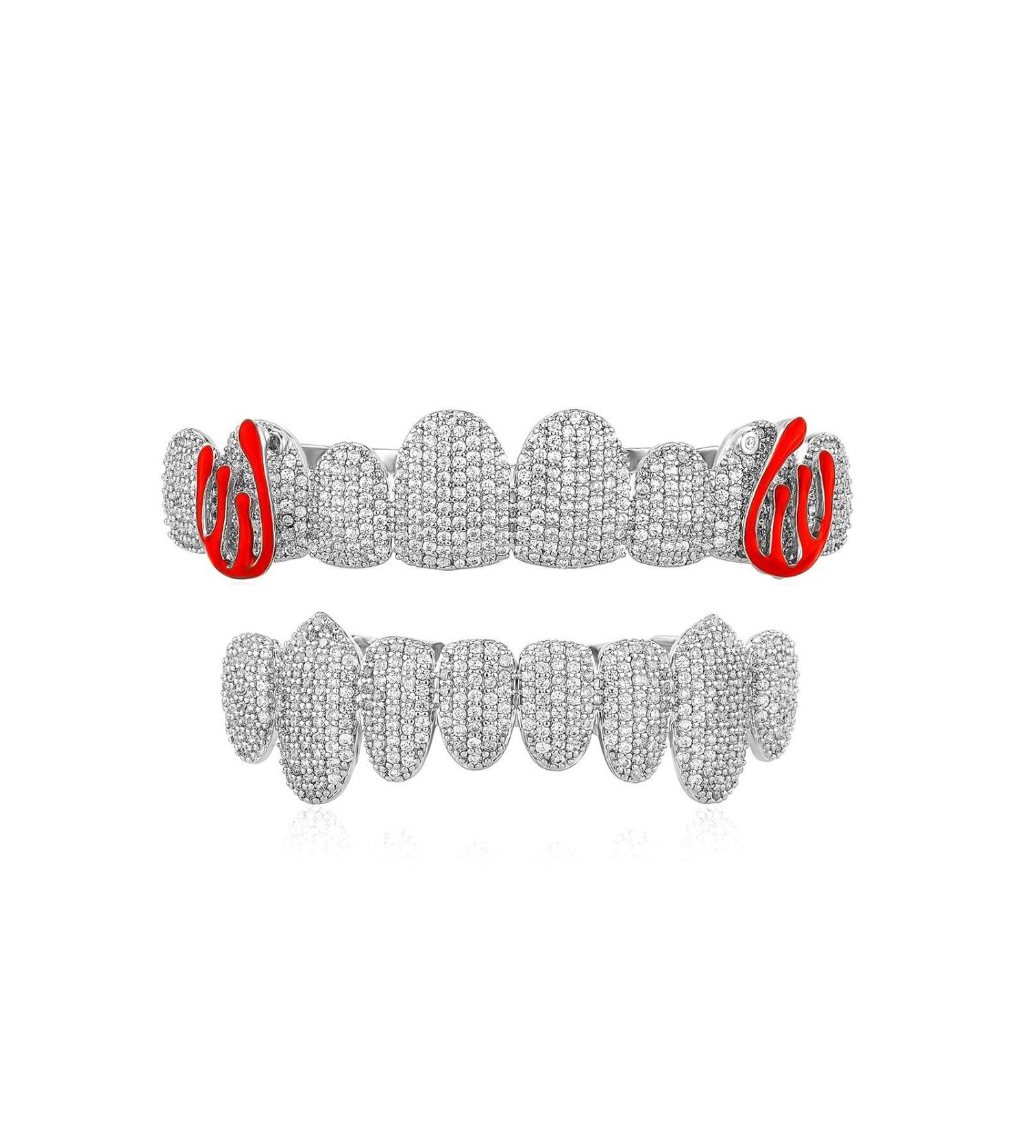 Hiphop Grills 8-Tooth Coloured Enamel with Iced Out Zircon Halloween Cosplay Party Tooth Rapper Gift for Women Men Silver - Buy Online on GoSupps.com