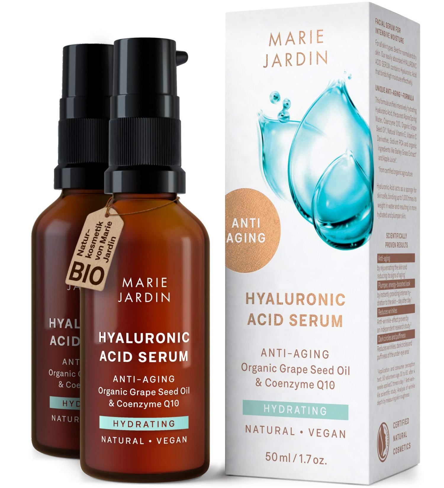  MARIE JARDIN Hyaluron High Dose Serum with Vitamin C & Q10 100ml with 5 Times Makeup Tested Anti-Aging Complex 2 x 50ml Set of 2 x 50ml Natural Vegan Cosmetics Certified by Marie Jardin - Buy Online on GoSupps.com