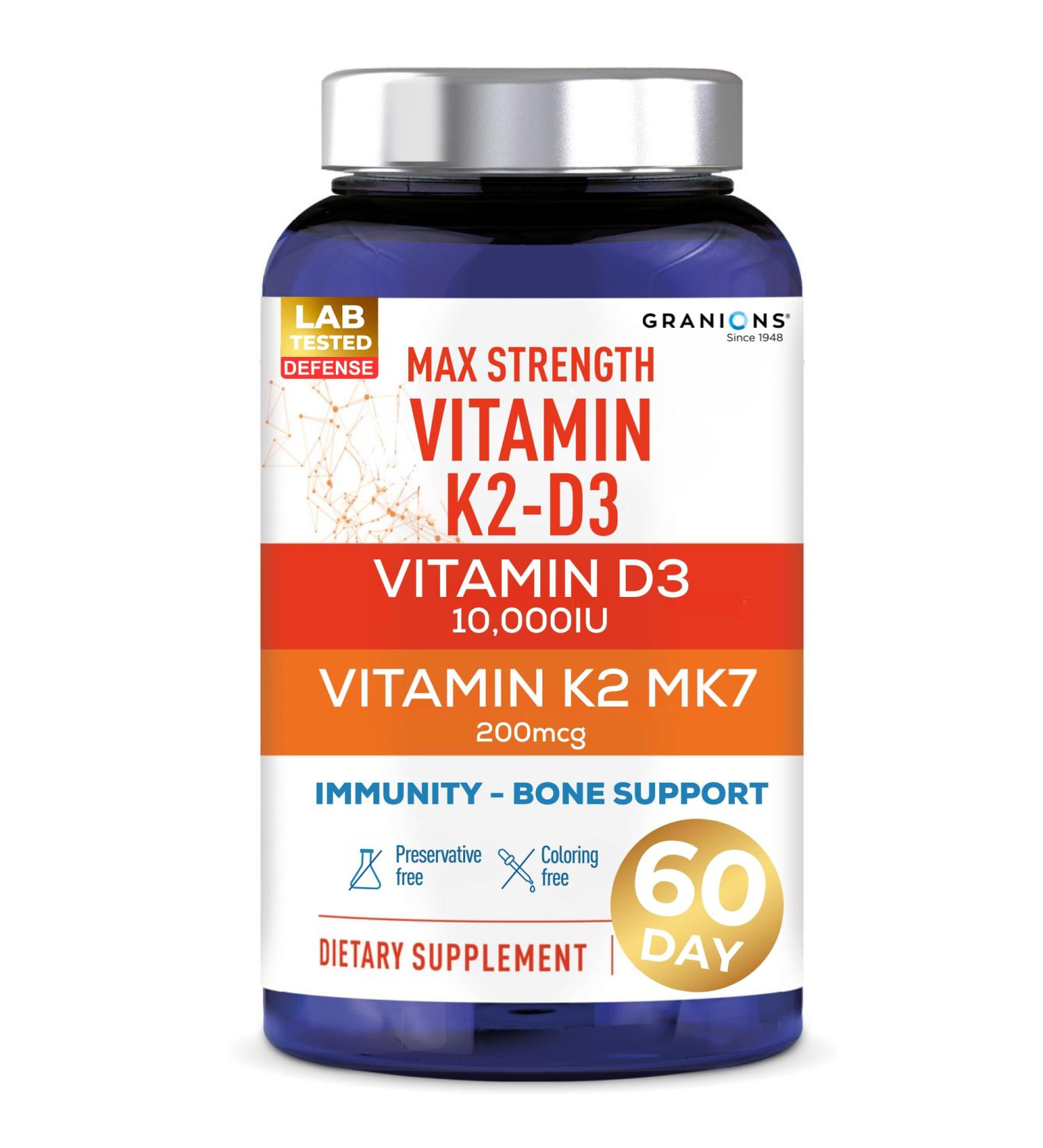 Max Strength D3 K2 Vitamin 10 000IU MK7 Complex - 250mcg MK-7 Vitamin K2 D3 Supplement - Coloring Preservative Free Immune Support Bone Health Supplements VIT D K - 2 Month 60 One-a-Day Tablets - Buy Online on GoSupps.com