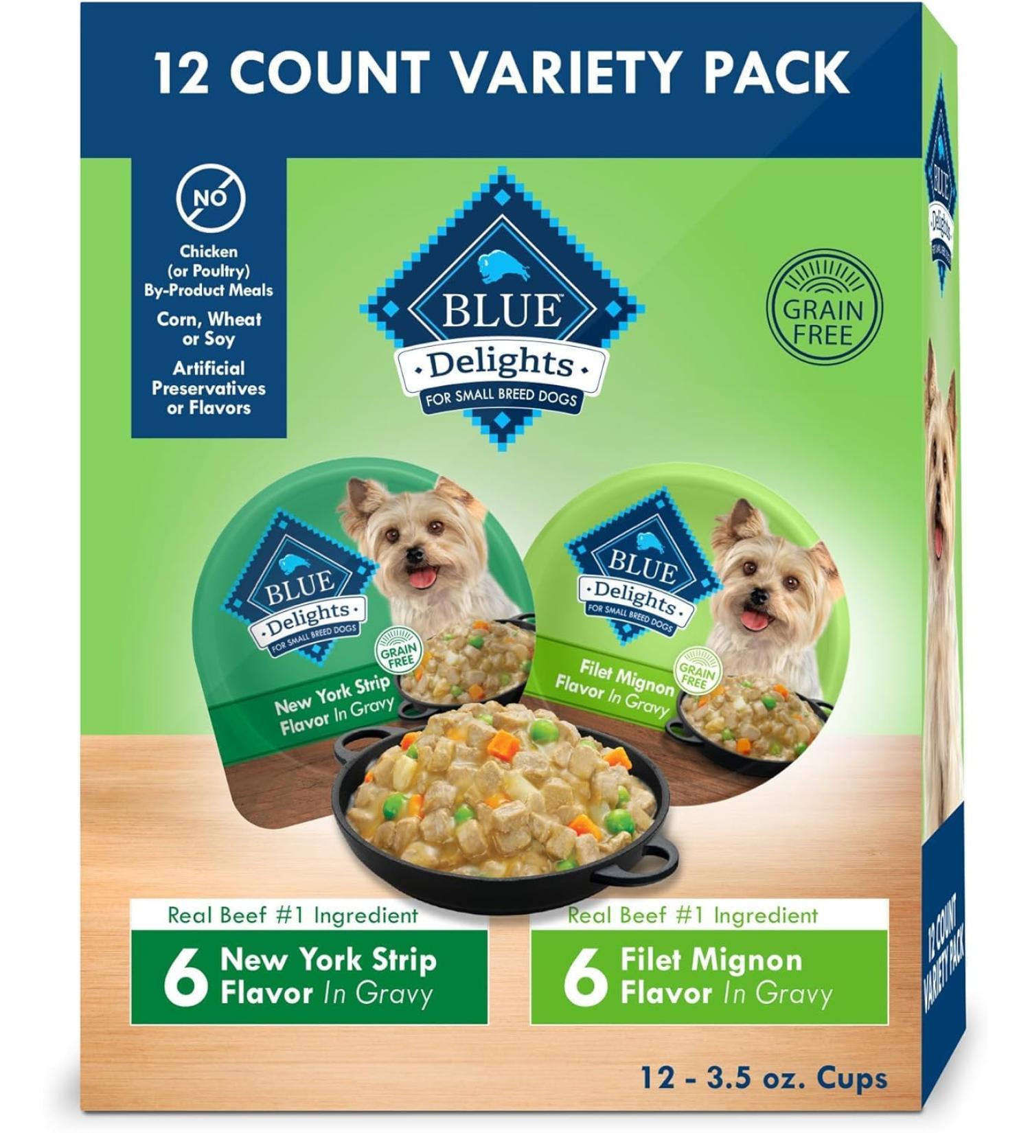 Blue Delights Natural Wet Dog Food Filet Mignon in Gravy/NY Strip in Gravy 3.5 oz. Cup (Case of 12) - Buy Online on GoSupps.com