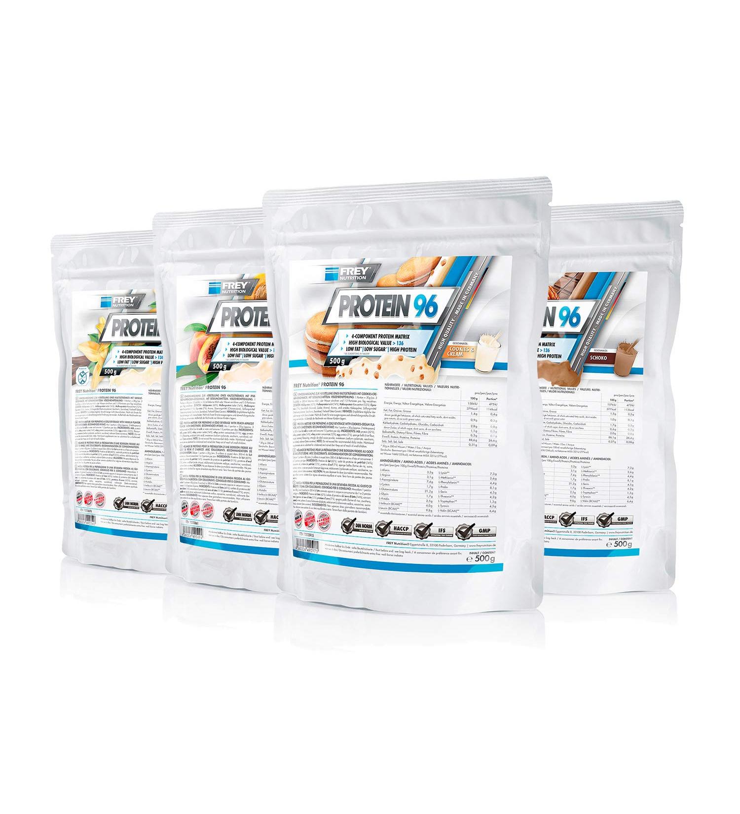 Frey Nutrition Protein 96 - 4 x 500g Vanilla Pack | Low Carb Snack | Ideal for Diets | High Casein | Made in Germany - Buy Online on GoSupps.com