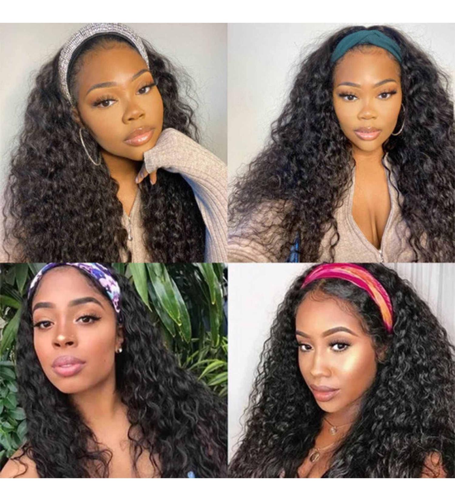 VIVIBABI Brazilian Curly Human Hair Headband Wig 20 Inch 10A Unprocessed None Lace Front 180% Density Machine Made Natural Color - Buy Online on GoSupps.com