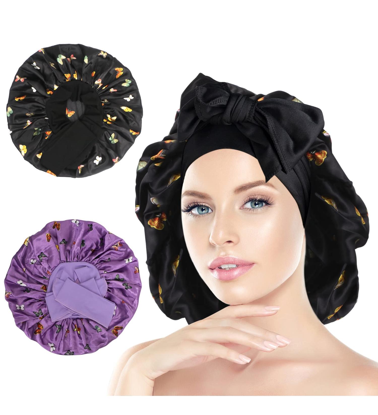 Arqumi 2PCS Large Silk Hair Bonnet for Sleeping | Adjustable Satin Bonnet Sleep Cap | Elastic Stay On Head | Long Curly Thick Black Hair | Women's Hair Care - Black & Purple - Buy Online on GoSupps.com