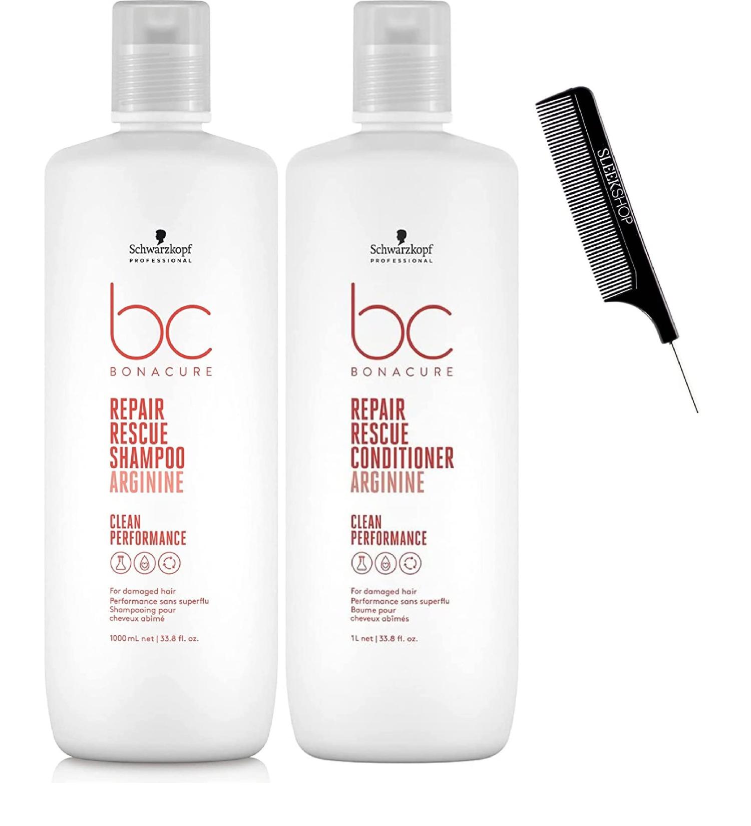 Schwarzkopf BC Bonacure REPAIR RESCUE Arginine SHAMPOO & CONDITIONER Duo SET for FINE TO NORMAL DAMAGED HAIR Newest 2023-2024 Formula (with SLEEKSHOP Steel Pin Tail Comb) (33.8 oz / XL LITER DUO KIT)