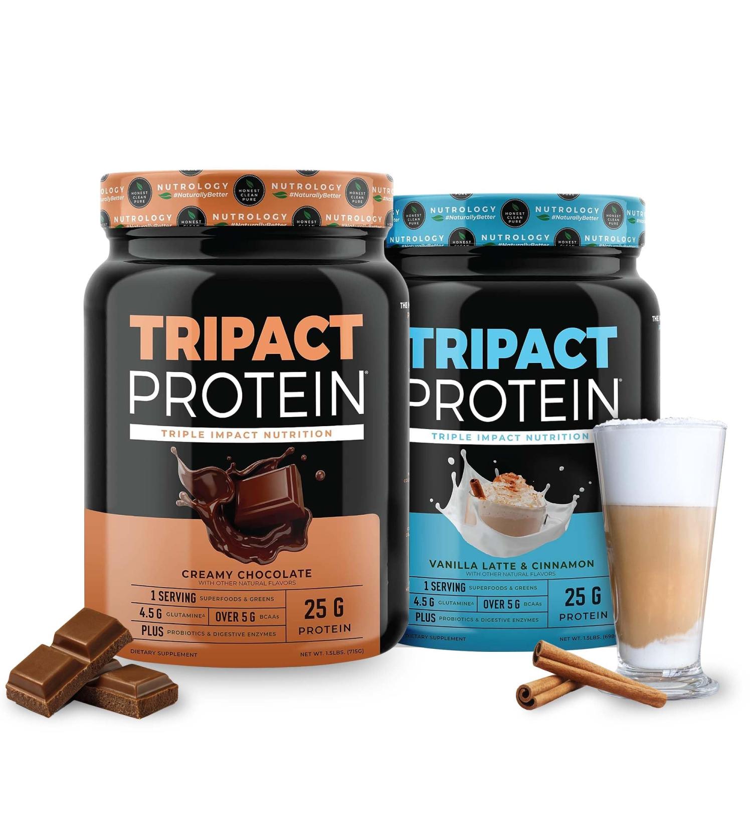 Nutrology TRIPACT Protein - Premium Nutrition Shake - Non-GMO Grass Fed Whey Protein Plant Proteins Greens Superfoods & Probiotics - 5g BCAAs - Creamy Chocolate & VanillaLatte w/Cinnamon 1.5lb Each - Buy Online on GoSupps.com
