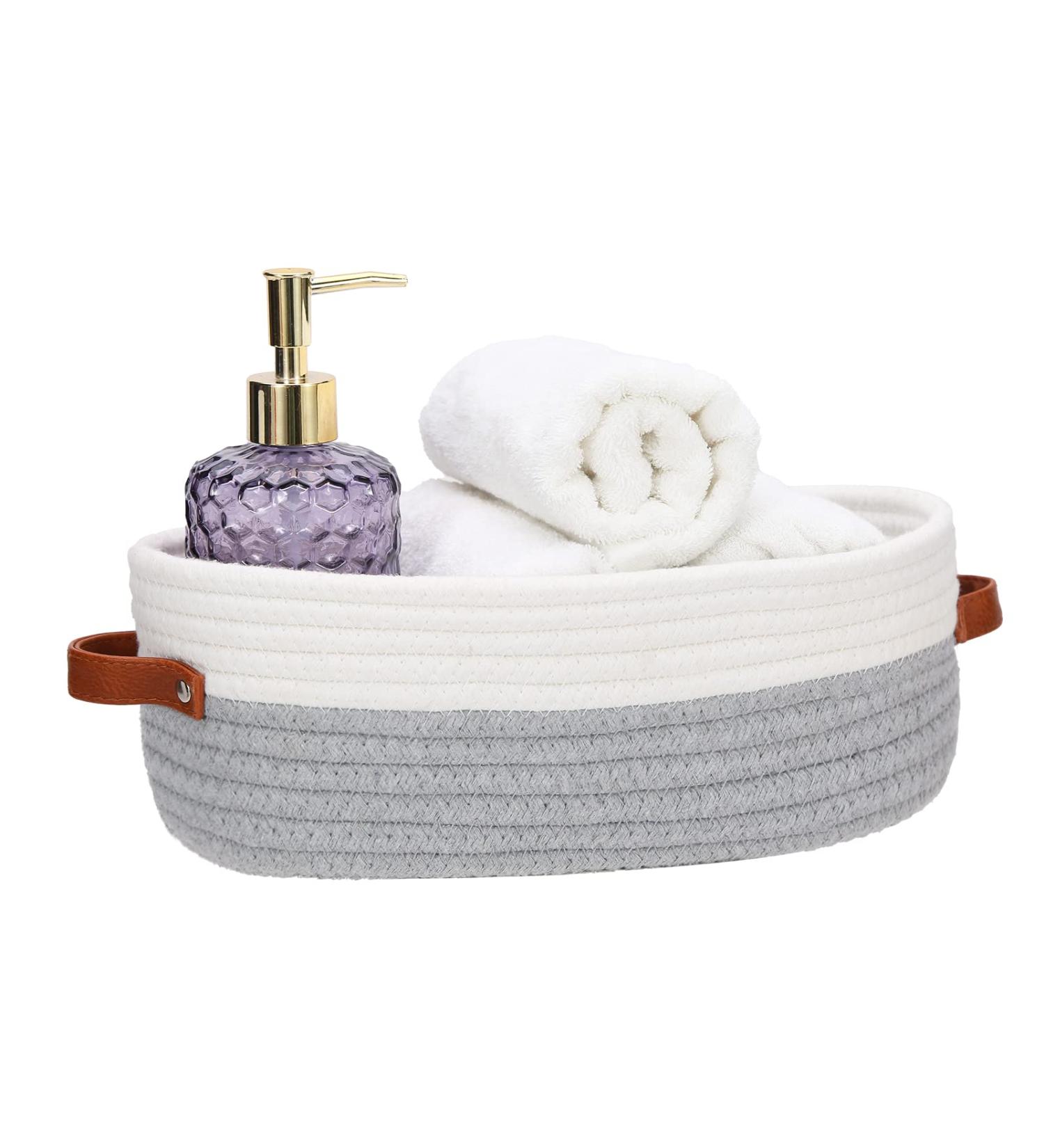 HLWDFLZ Bathroom Countertop Organizer Basket - Cotton Rope Woven Storage Basket for Bathroom, Bedroom, Living Room, Entryway - White/Gray - Buy Online on GoSupps.com