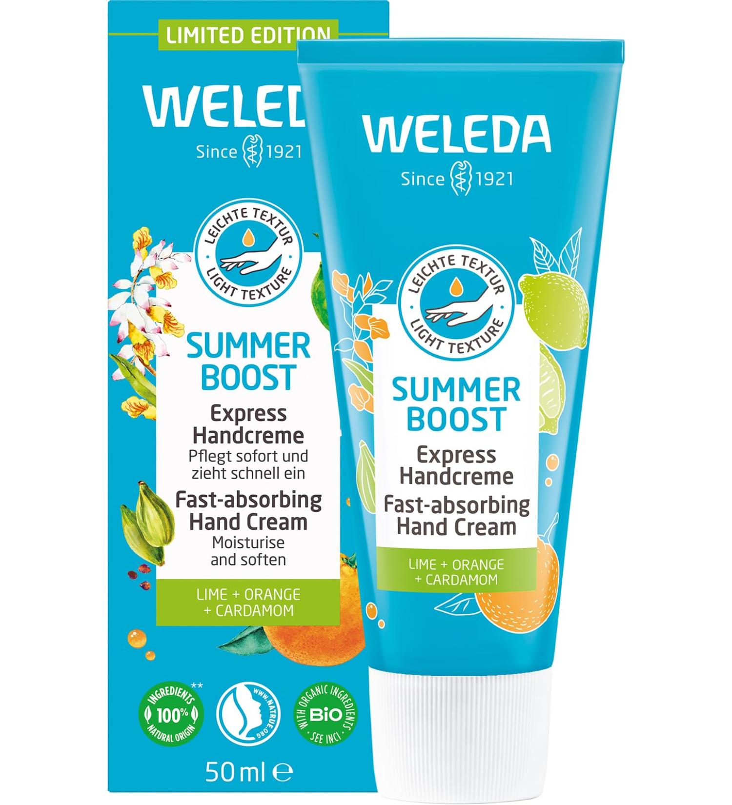 Weleda Bio Summer Boost Hand Cream - Limited Edition Natural Hand Care with Sesame Oil & Beeswax | Moisturizing Lotion with Citrus & Cardamom for Dry Hands (50ml) - Buy Online on GoSupps.com