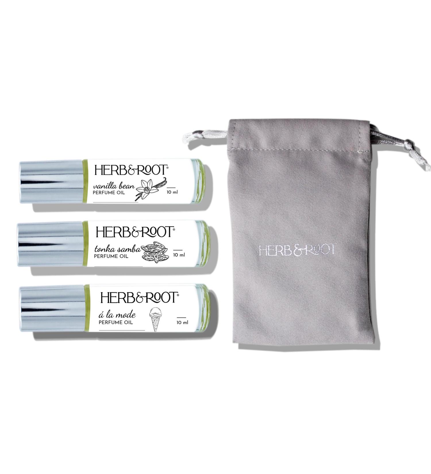 Herb & Root 3 Pc Mini Variety Perfume Set for Women or Men Unisex Aromatherapy Oils Roll Ons Floral Gourmand Woods Earthy Aromatic Citrus (Gourmand) - Buy Online on GoSupps.com
