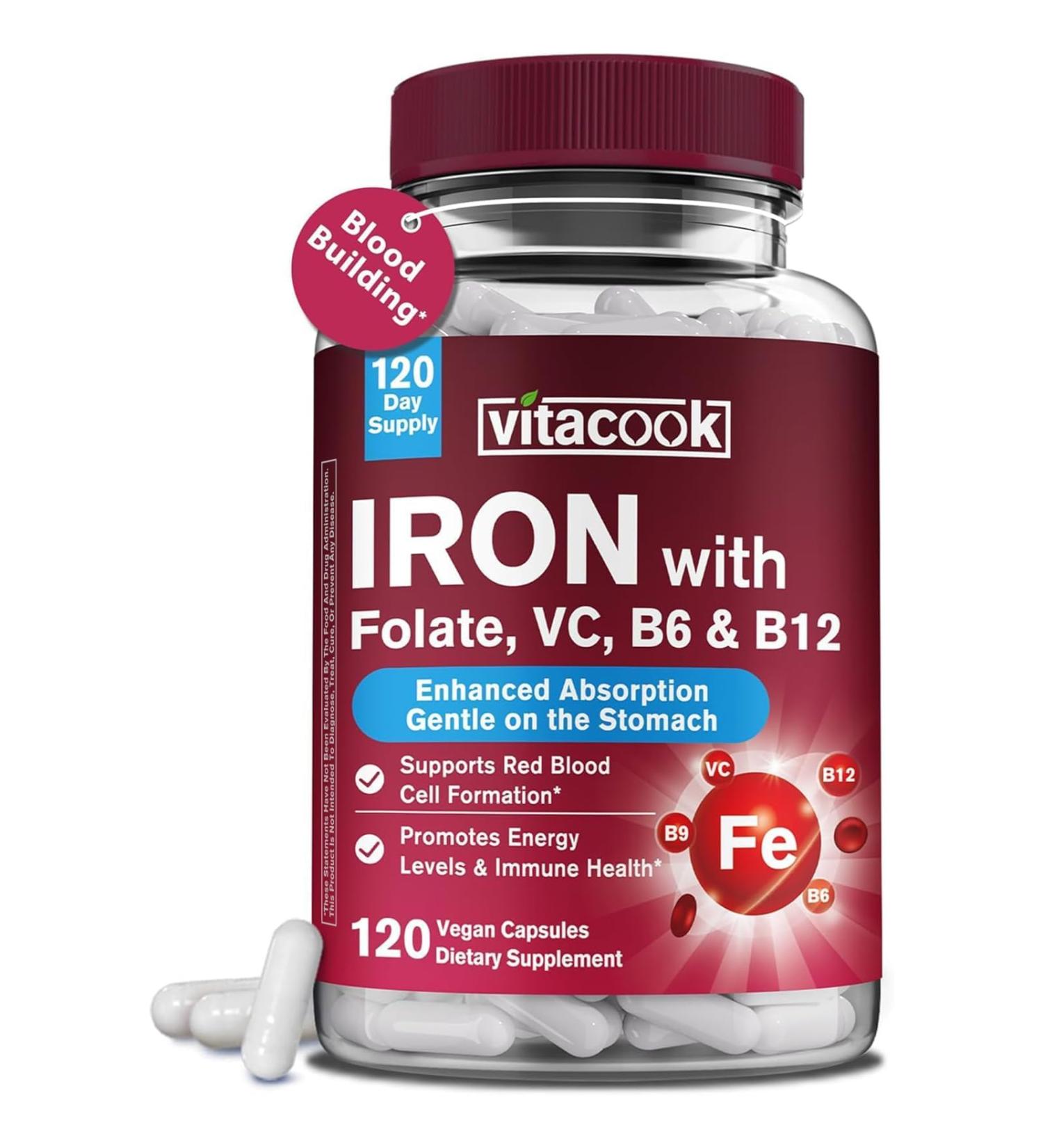 Iron Supplement for Women & Men, Iron Bisglycinate with Vitamin C, B6, B12, Folate, Stomach Friendly, Non-Constipating, Blood Health & Energy Boost, 120 Vegan Caps 120 Count (Pack of 1) - Buy Online on GoSupps.com