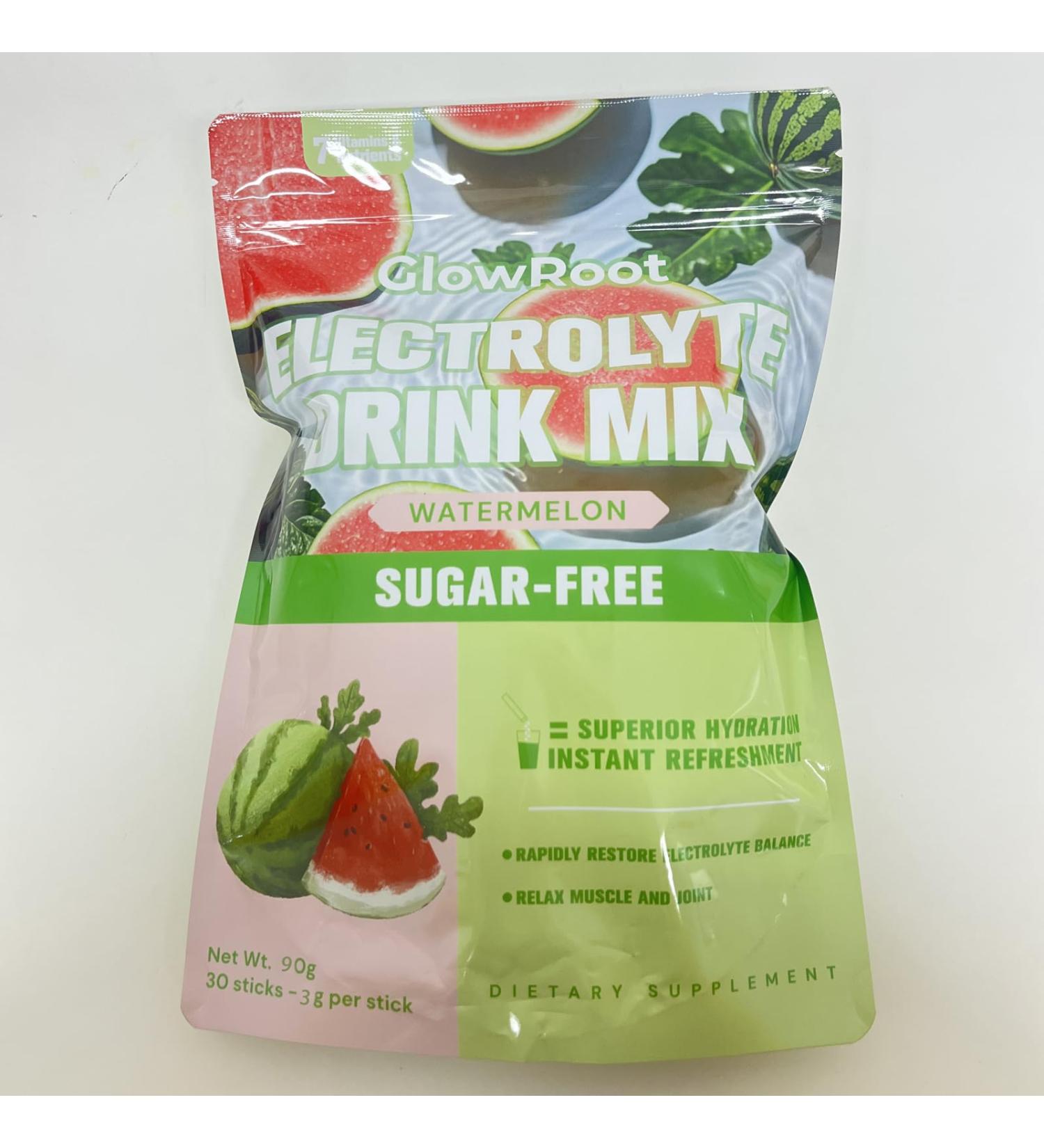 GlowRoot Electrolyte Drink | Zero Sugar Electrolytes Powder | Travel Essentials Single Serve Packets | Non-GMO | Watermelon Flavor Electrolyte Powder 30 Stickpacks * 3g - 90g