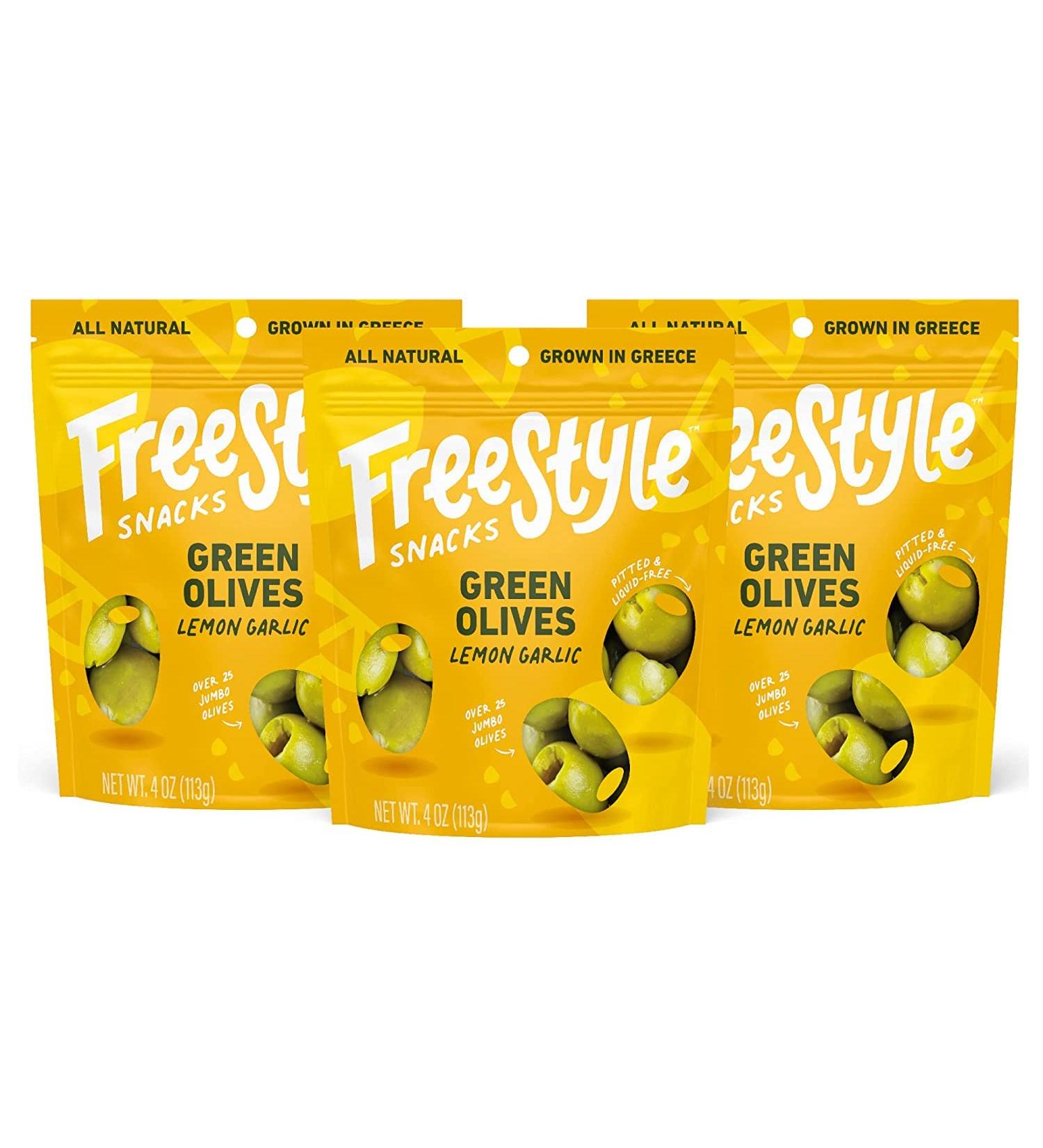 Fresh Greek Pitted Green Olives Snack Pack - All Natural Jumbo-Sized Olives, Lemon Garlic Flavor, Non-GMO, Paleo & Keto Friendly, Low Calorie - 4oz (3 Pack) - Buy Online on GoSupps.com