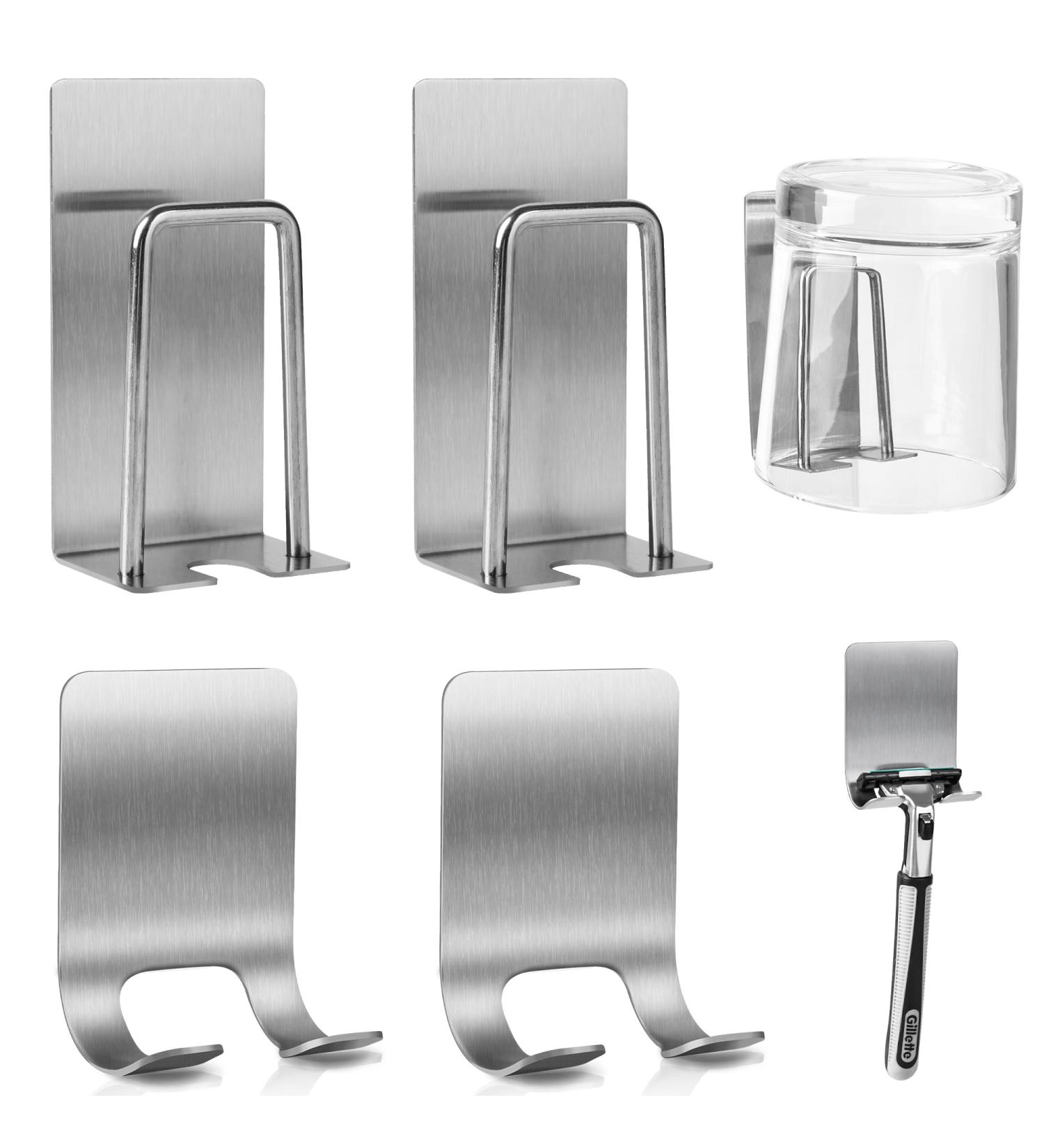 4PCs Set Razor holder Shower without Wookiwuki 2PCs Razor blade holder hooks and 2PCs cup holder stainless steel sticky razor hinge wall self -adhesive toothpaste holder for bathroom kitchen organize