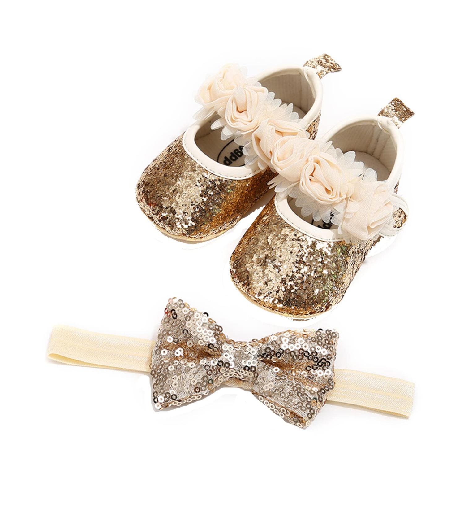 Baby Girls Sequin Glitter Mary Jane Shoes with Bowknot Headband | Soft Sole Prewalker for Princess Party Dress - Buy Online on GoSupps.com