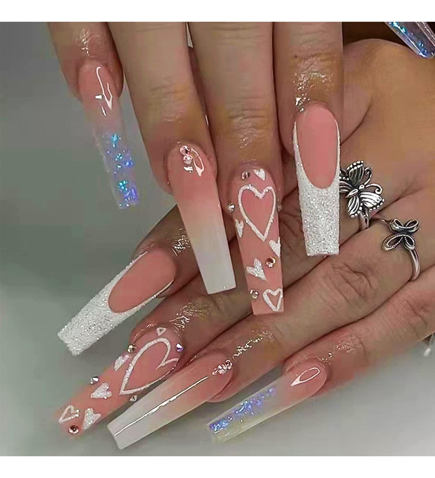 FOAMEE Long Coffin Glitter Sequins Press on Nails - Pink Heart Design | Rhinestone False Nails for Women - Buy Online on GoSupps.com