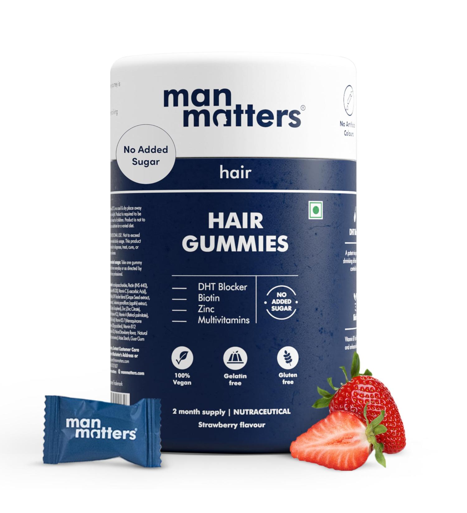 Man Matters Biotin Hair Gummy for Healthy Hair | No Sugar Added | Biotin Gummies with Hair Vitamins | Vitamin A Vitamin C Vitamin E & Zinc | 60 Gummies - Buy Online on GoSupps.com