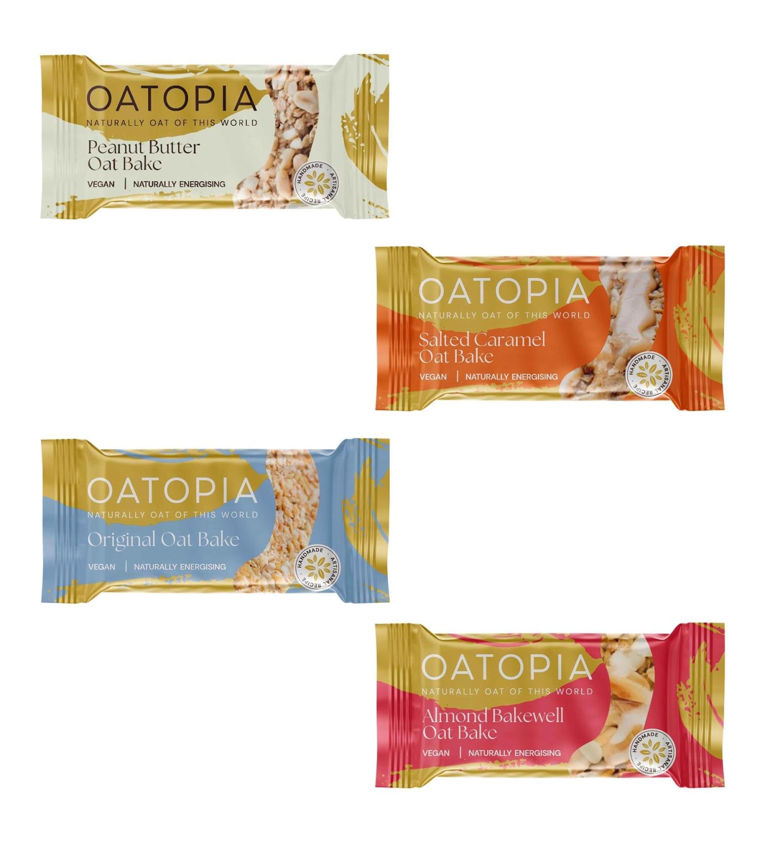 Oatopia Oat Bake Bar Pick N Mix - Choose From 4 Flavours | Almond Bakewell Original Peanut Butter Salted Caramel | Vegetarian & Vegan Oat Bake-Bar 120g | Pack of 16 (Each of 4) - Buy Online on GoSupps.com