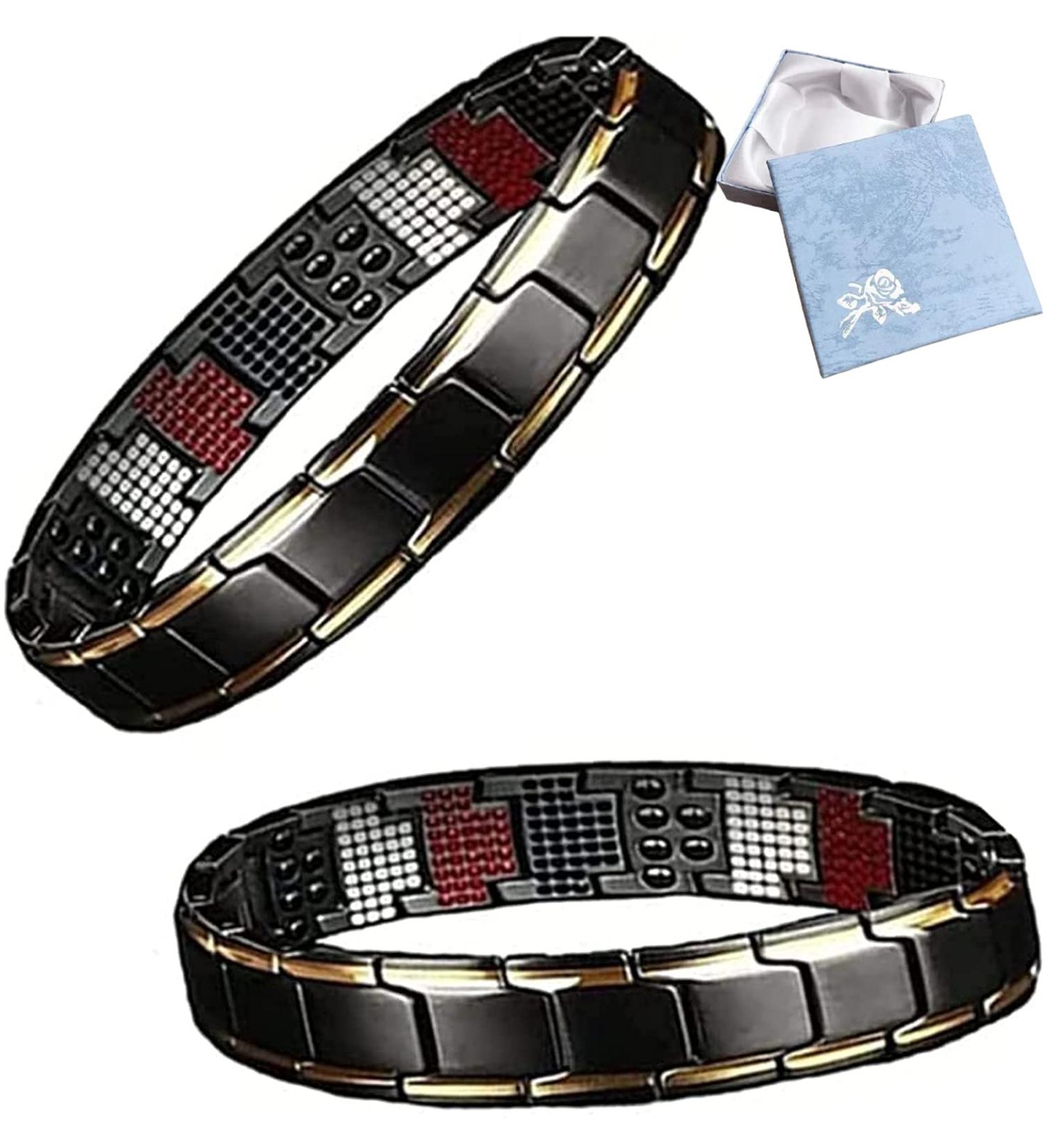 2 Pack Energy Balance Bracelet - Elegant Magnetic Therapy Stainless Steel Bracelets (Black-Gold) for Optimal Wellness - Buy Online on GoSupps.com
