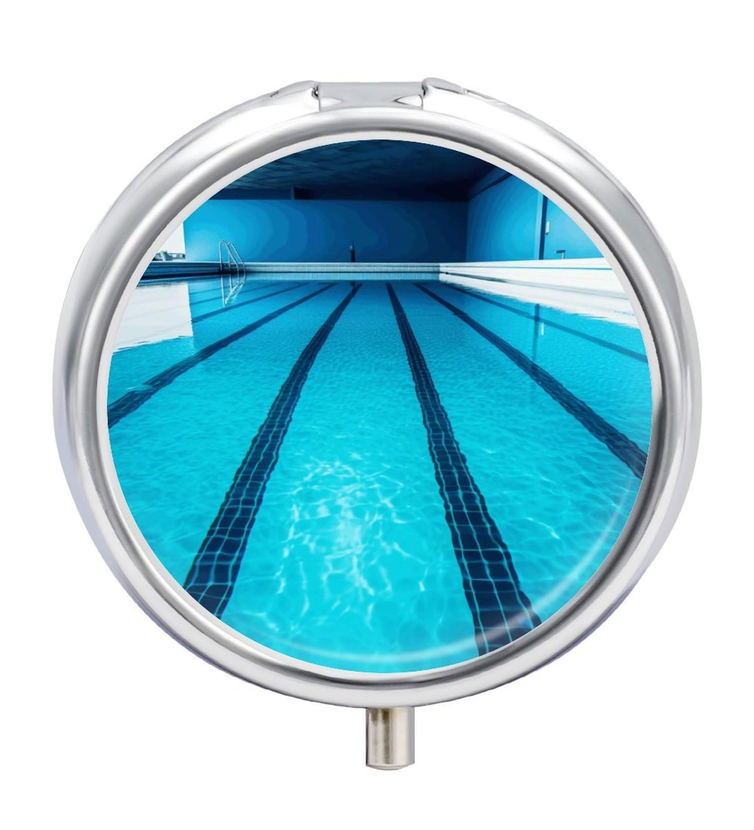 Round Blue Swimming Pool Print Pill Organizer - 3 Compartment Decorative Metal Pill Box for Travel - Buy Online on GoSupps.com