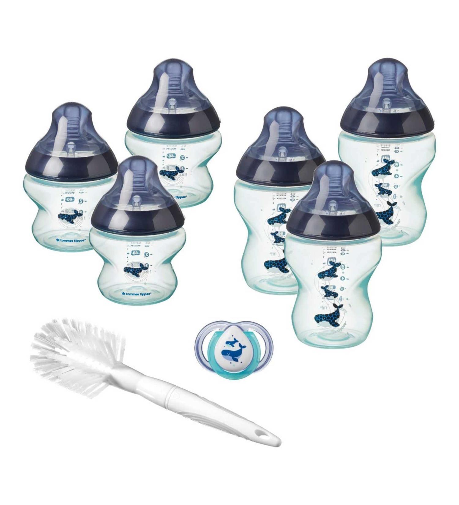 Tommee Tippee Closer to Nature Newborn Baby Bottle Starter Set Breast-Like Teats with Anti-Colic Valve Neutral Whale Decoration
