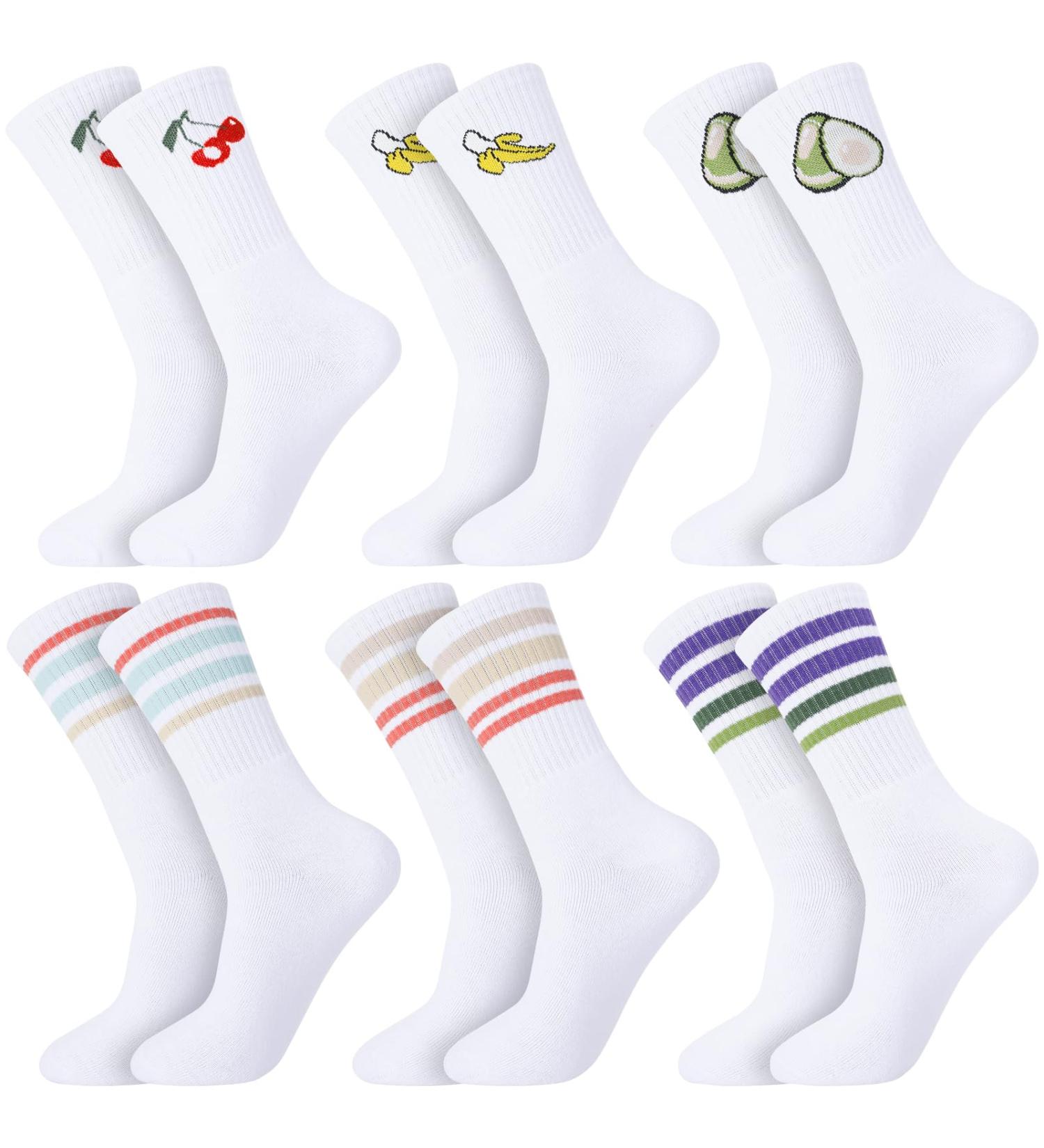 Retro Sports Socks for Women & Men - 6 Pairs Tennis & Stripe Long White Socks - International Shipping - Buy Online on GoSupps.com