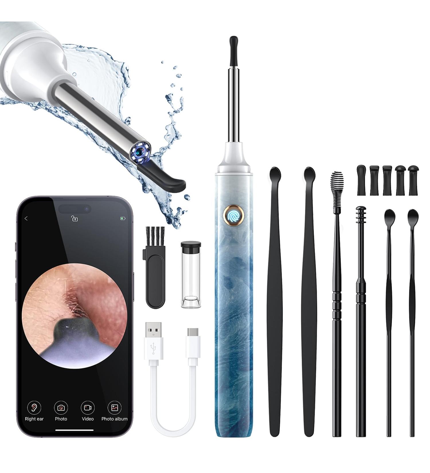 Ear Wax Removal Tool Camera - Ear Cleaner with 1080P HD Camera Otoscope with Light Earwax Removal Kit for iPhone iPad Android Phones (Ice Blue)