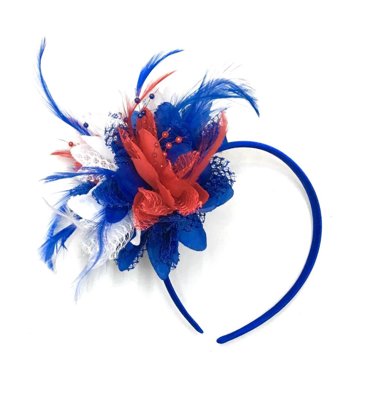 Caprilite Union Jack Royal Blue White and Red Flower Feather Hair Fascinator on Headband Alice Band Royal Wedding Party Ascot Races - Buy Online on GoSupps.com