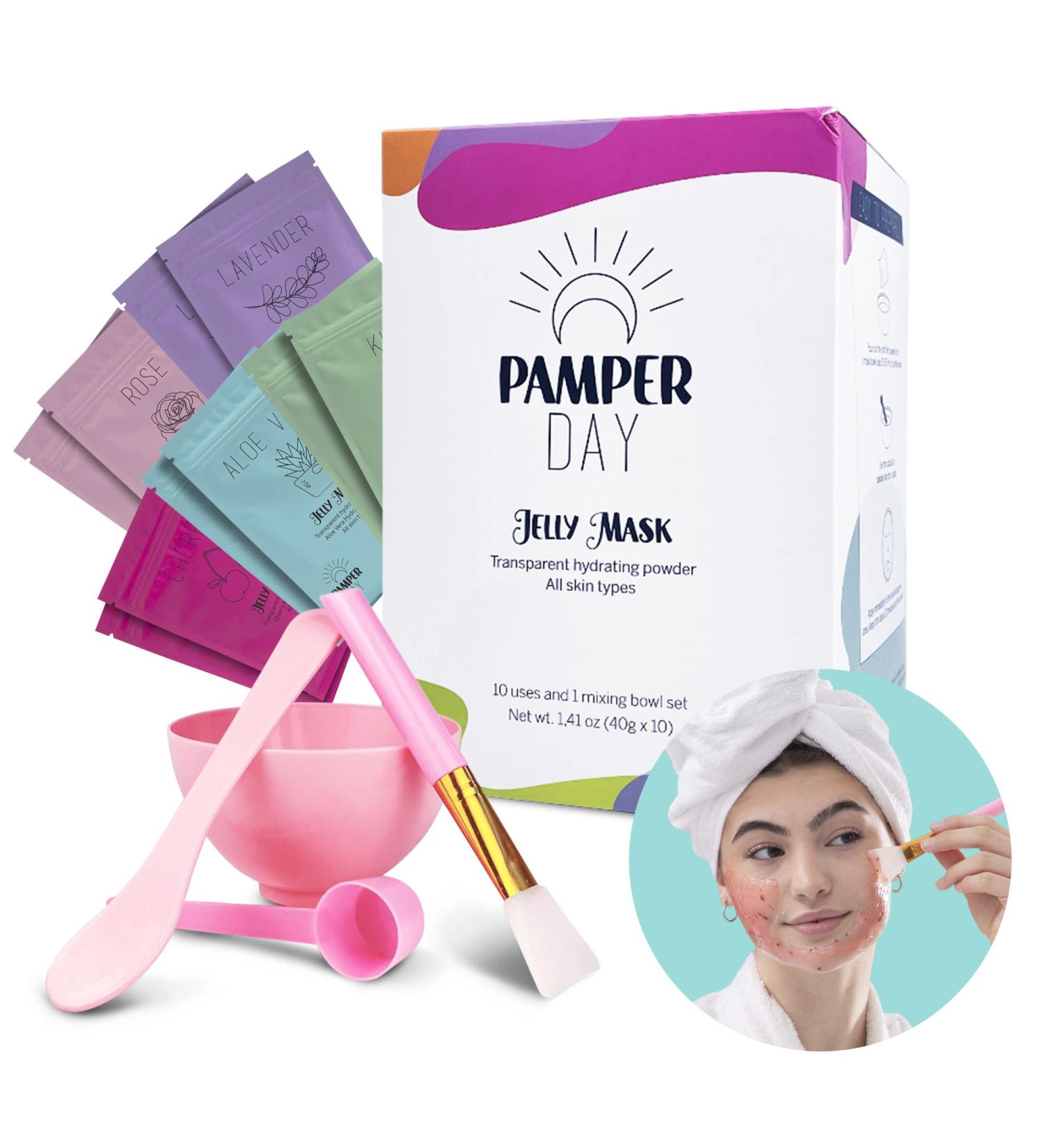 Pamper Day Jelly Mask Facial Kit - Peel Off Face Mask Bundle with 10 Fruit Masks, Silicone Brush, Mixing Bowl, Spatula & Spoon - Buy Online on GoSupps.com