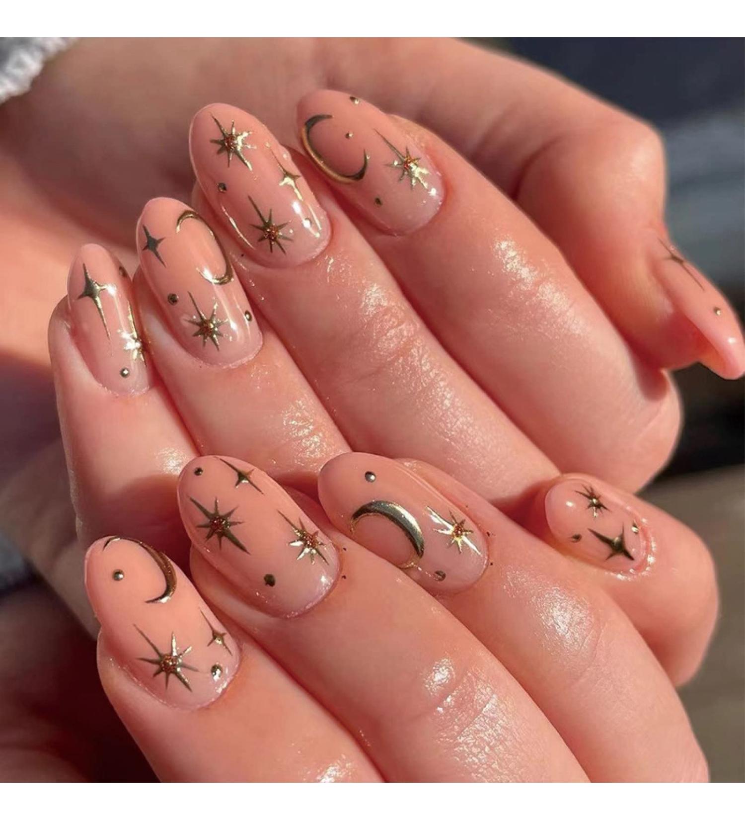 24pcs Short Oval False Nails Gold Star Stick on Nails Nude Pink Press on Nails Removable Glue-on Nails Fake Nails Nail Art Accessories 0223Y93 - Buy Online on GoSupps.com