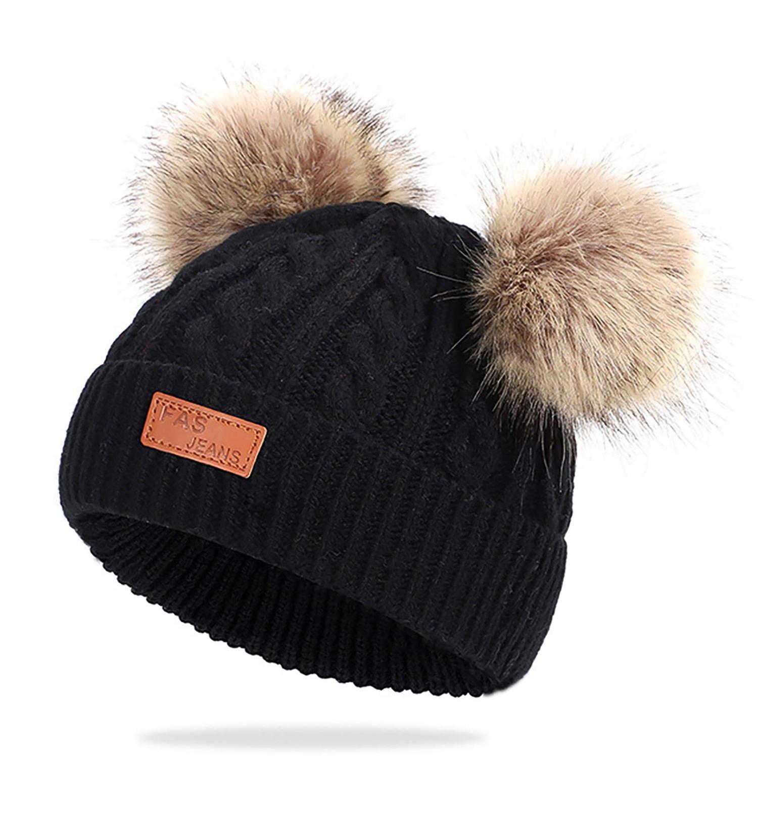 Baby Pom Pom Winter Hat | Toddler Crochet Beanie Cap | Infant Fur Hairball Beanie | Unisex Black - Buy Online on GoSupps.com