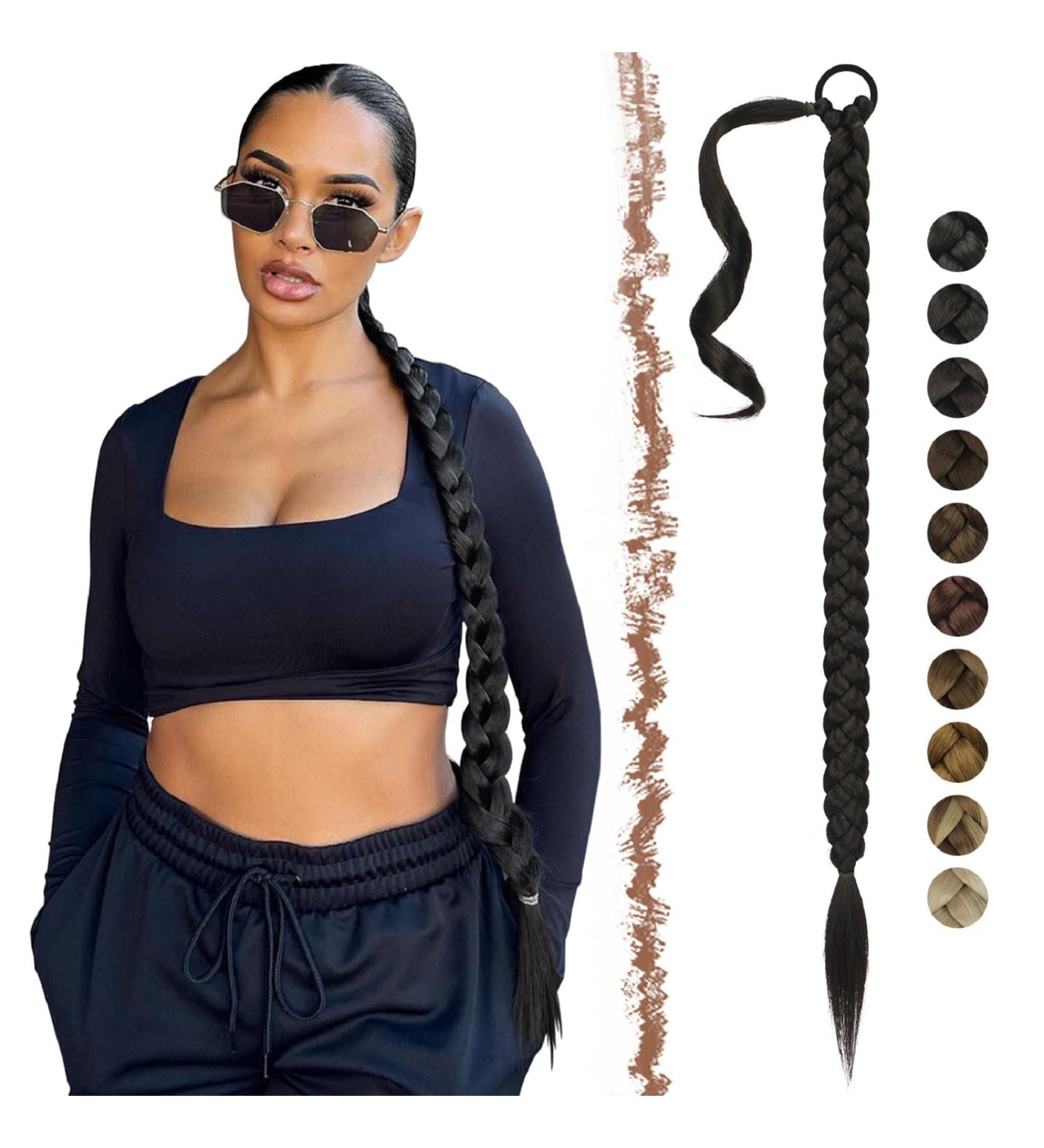 Feshfen 65 cm Black Braid Extensions Ponytail - Synthetic Hair Extension with Hair Tie for Women - Buy Online on GoSupps.com